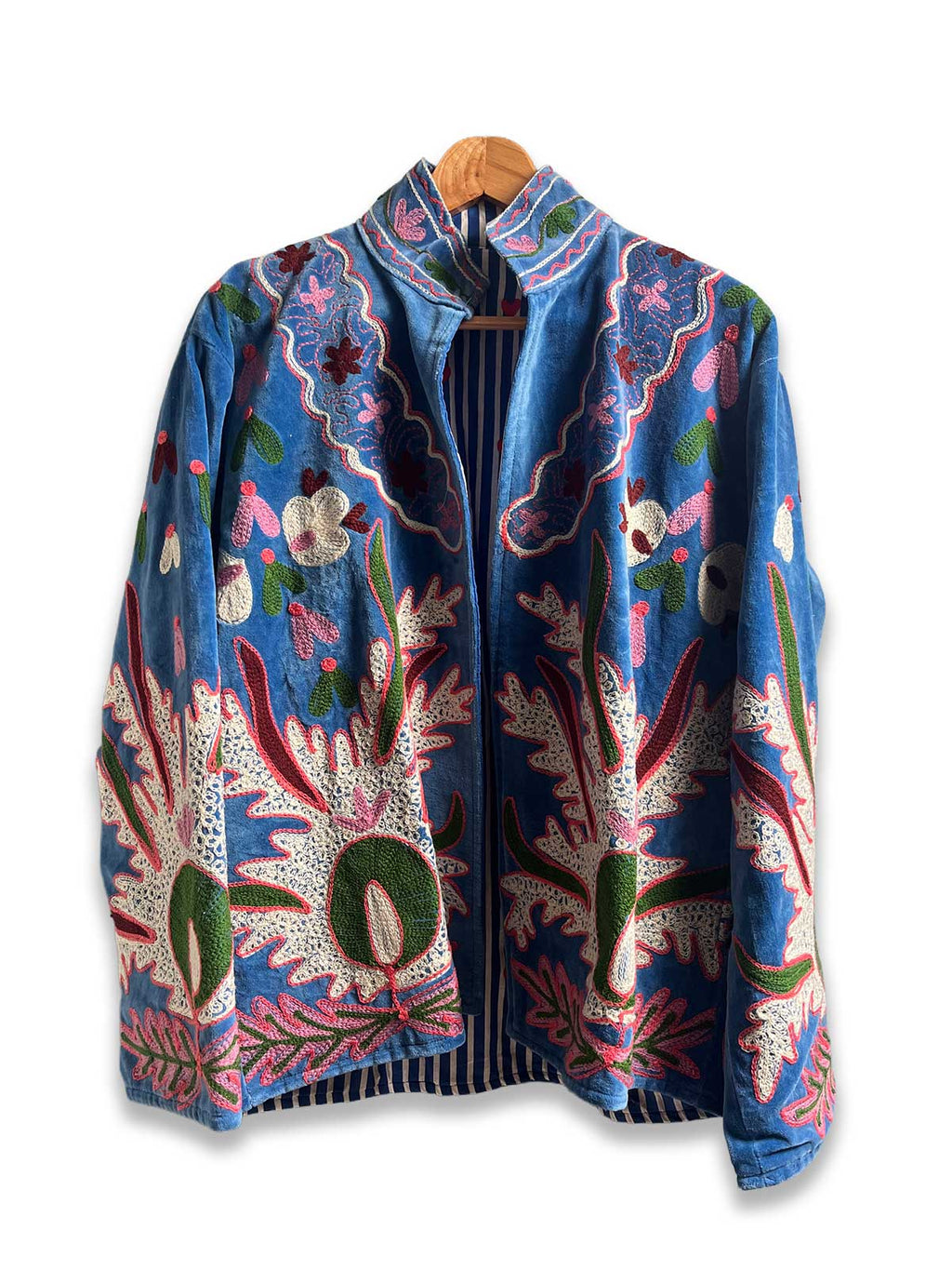 Blue Velvet Suzani Embroidered Womens Jacket - Green & Purple Floral Motif Pattern