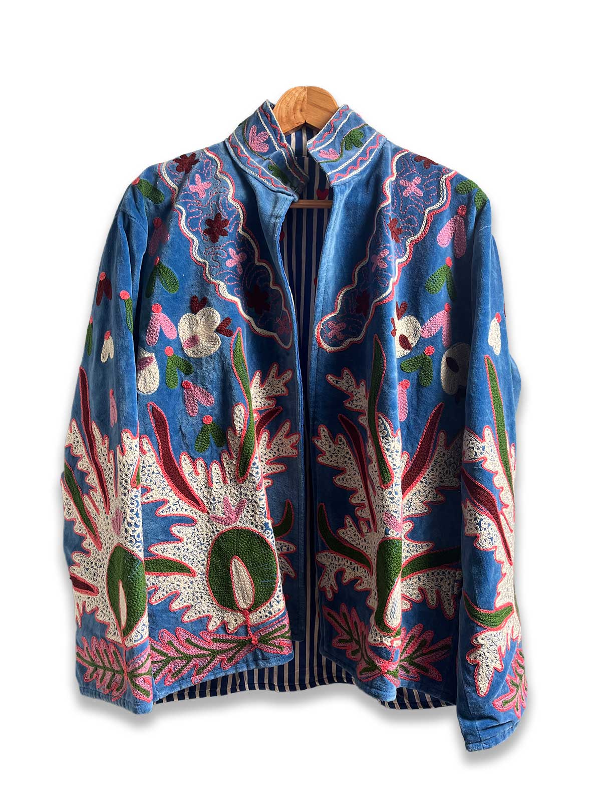 Blue Velvet Suzani Embroidered Womens Jacket - Green & Purple Floral Motif Pattern