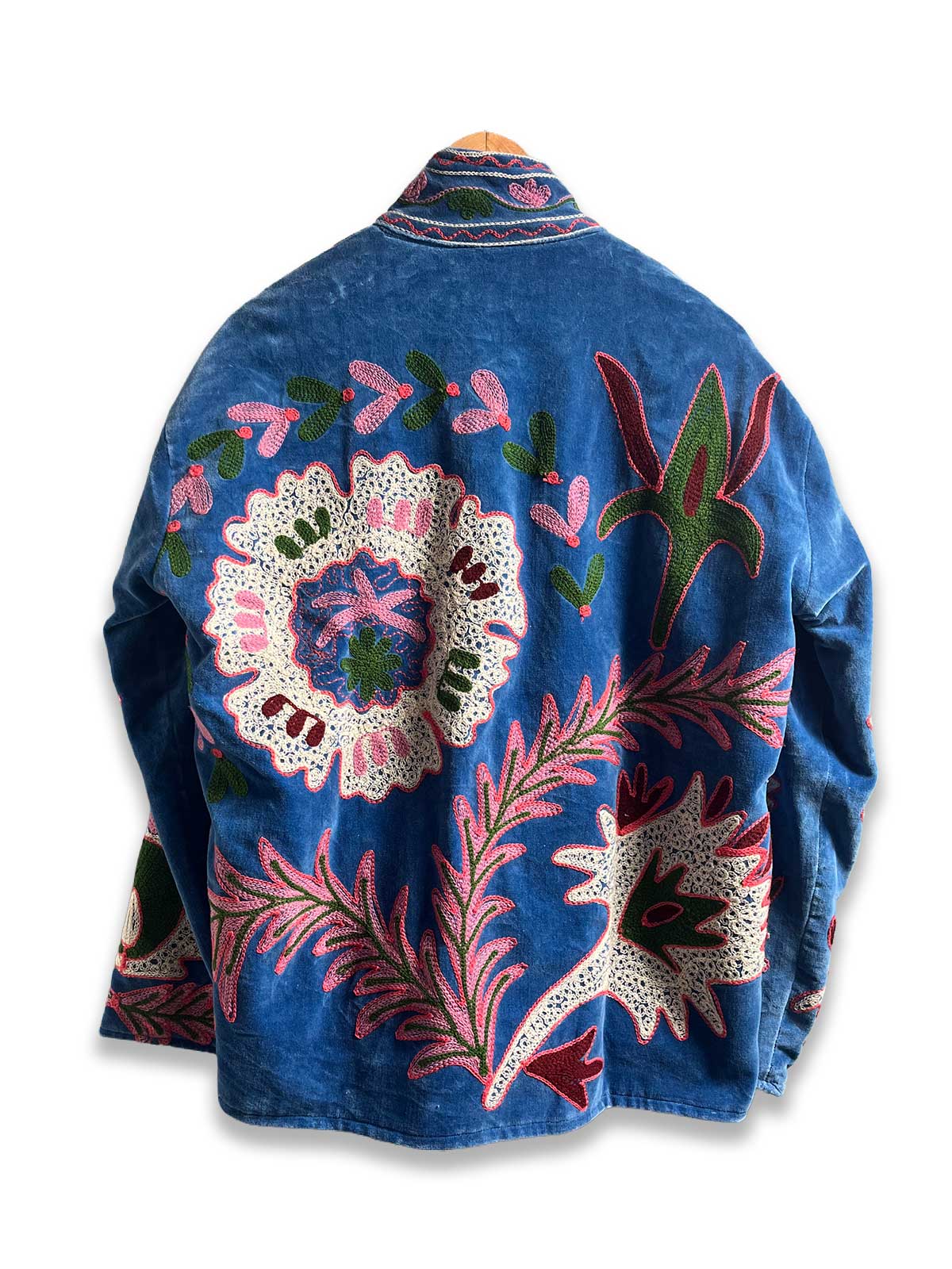 Blue Velvet Suzani Embroidered Womens Jacket - Green & Purple Floral Motif Pattern