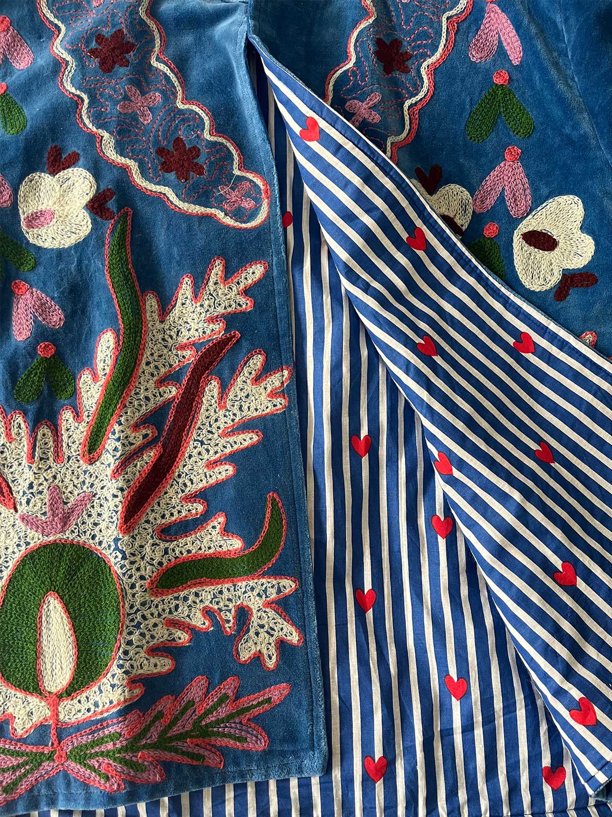 Blue Velvet Suzani Embroidered Womens Jacket - Green & Purple Floral Motif Pattern