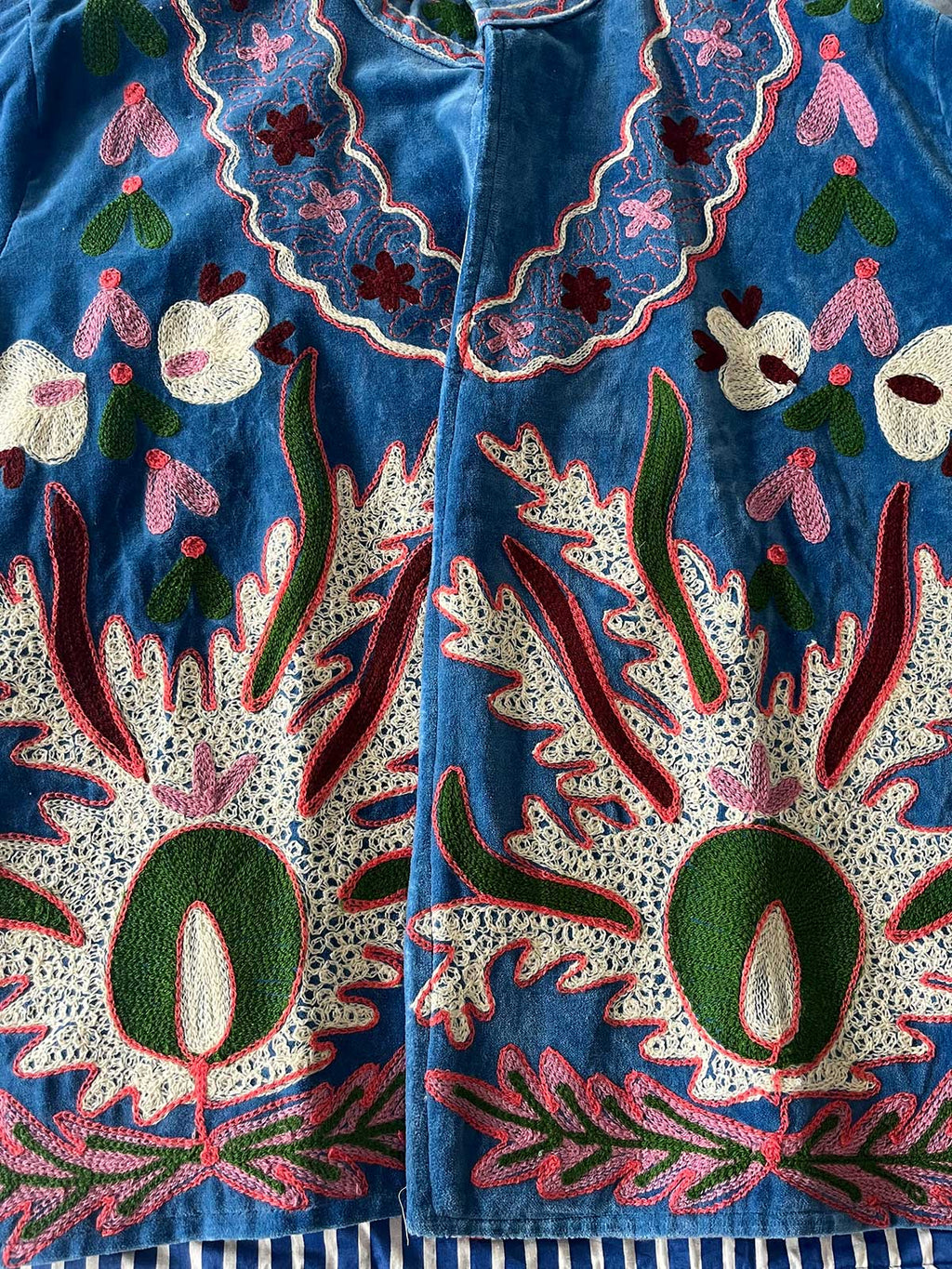 Blue Velvet Suzani Embroidered Womens Jacket - Green & Purple Floral Motif Pattern