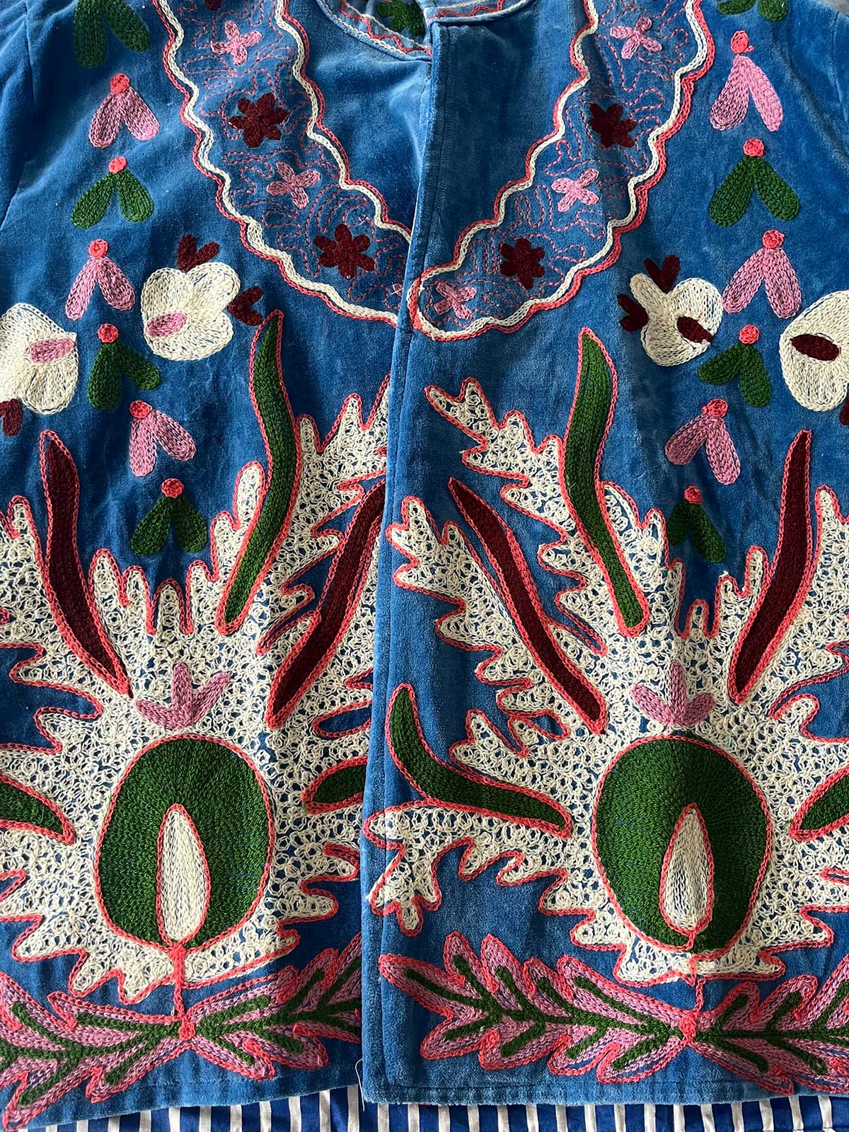 Blue Velvet Suzani Embroidered Womens Jacket - Green & Purple Floral Motif Pattern