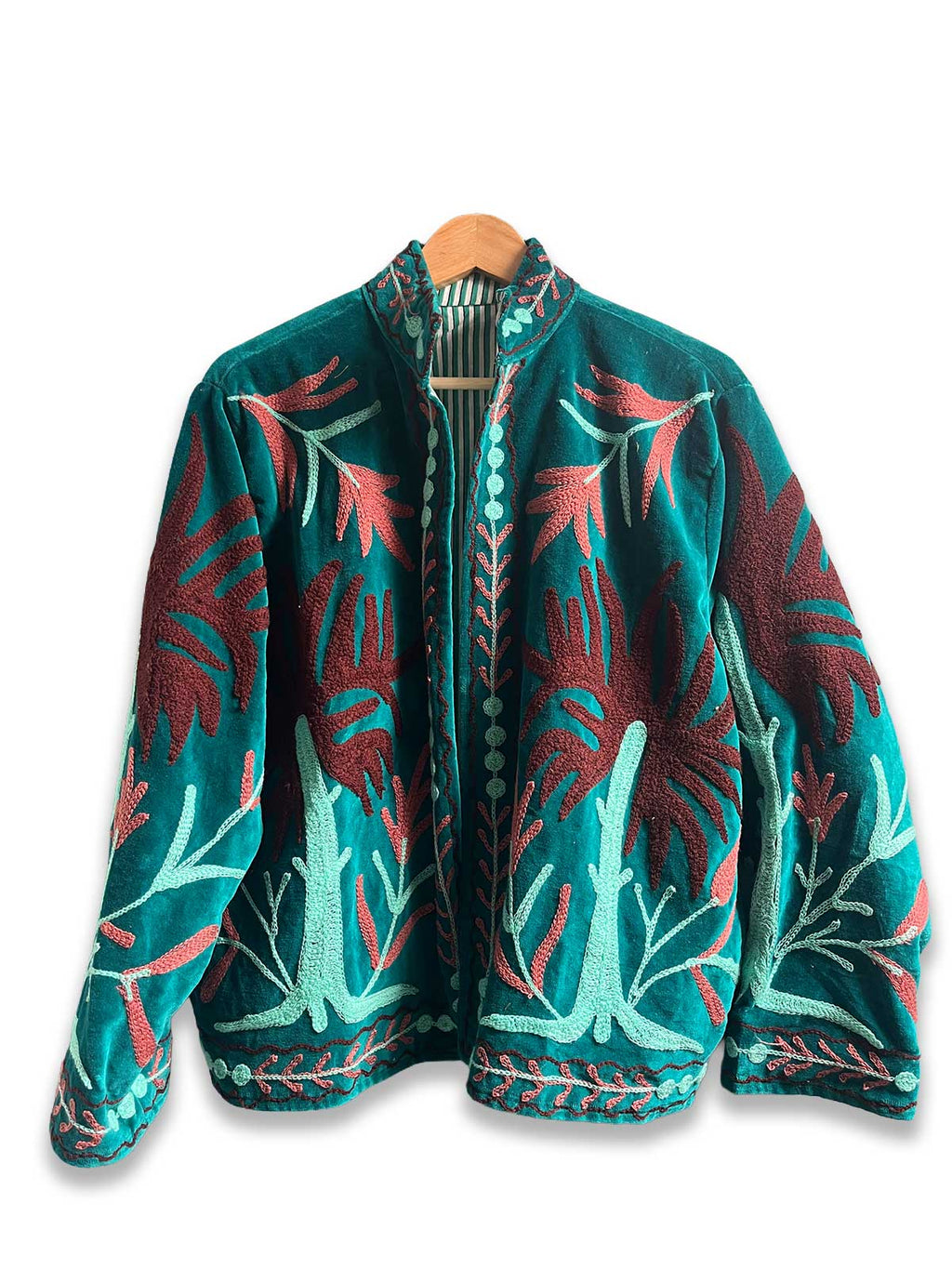 Teal Velvet Suzani Embroidered Womens Jacket - Turquoise & Maroon Floral Motif Pattern