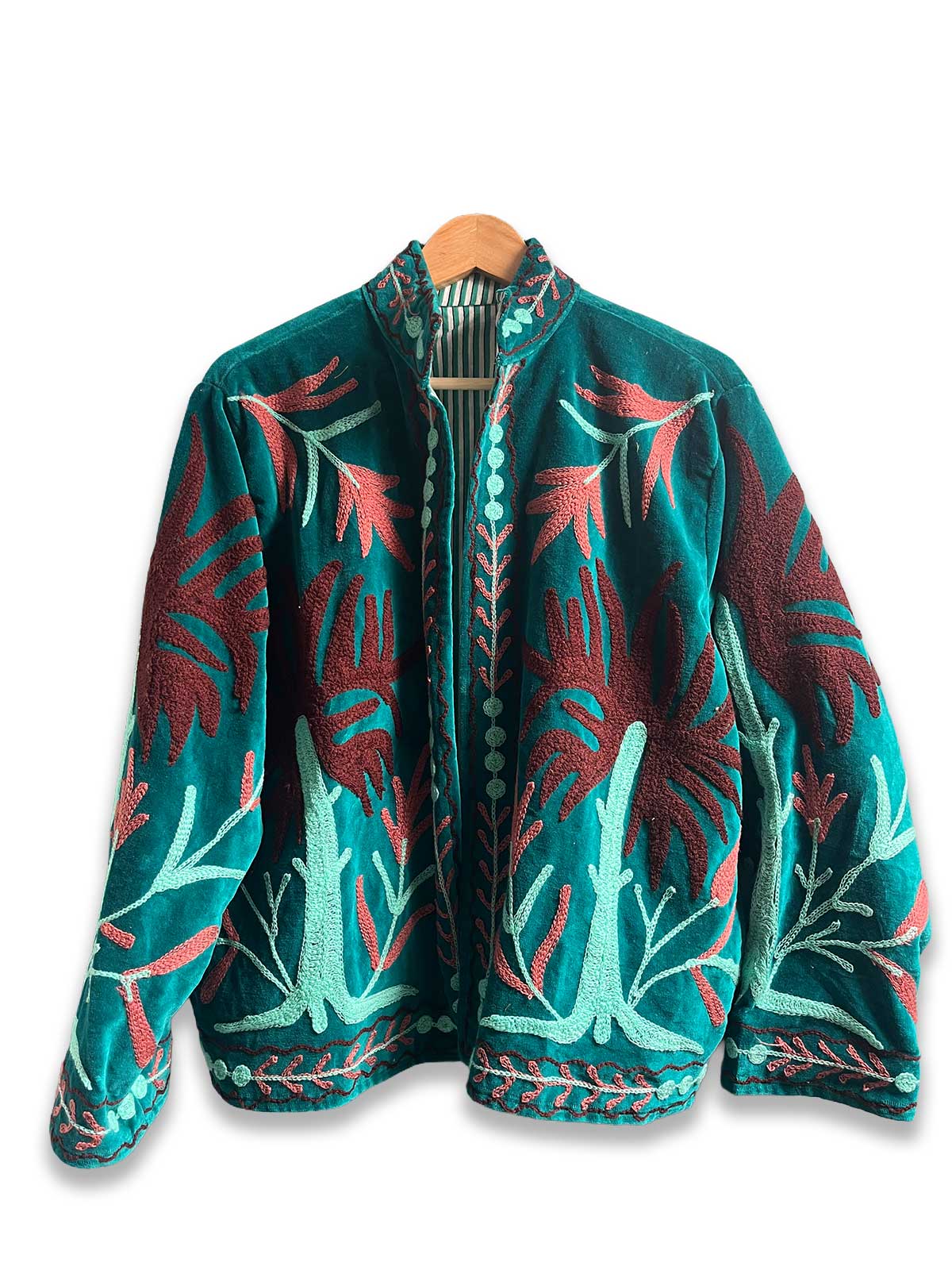 Teal Velvet Suzani Embroidered Womens Jacket - Turquoise & Maroon Floral Motif Pattern