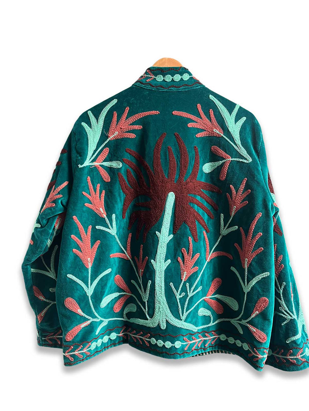 Teal Velvet Suzani Embroidered Womens Jacket - Turquoise & Maroon Floral Motif Pattern