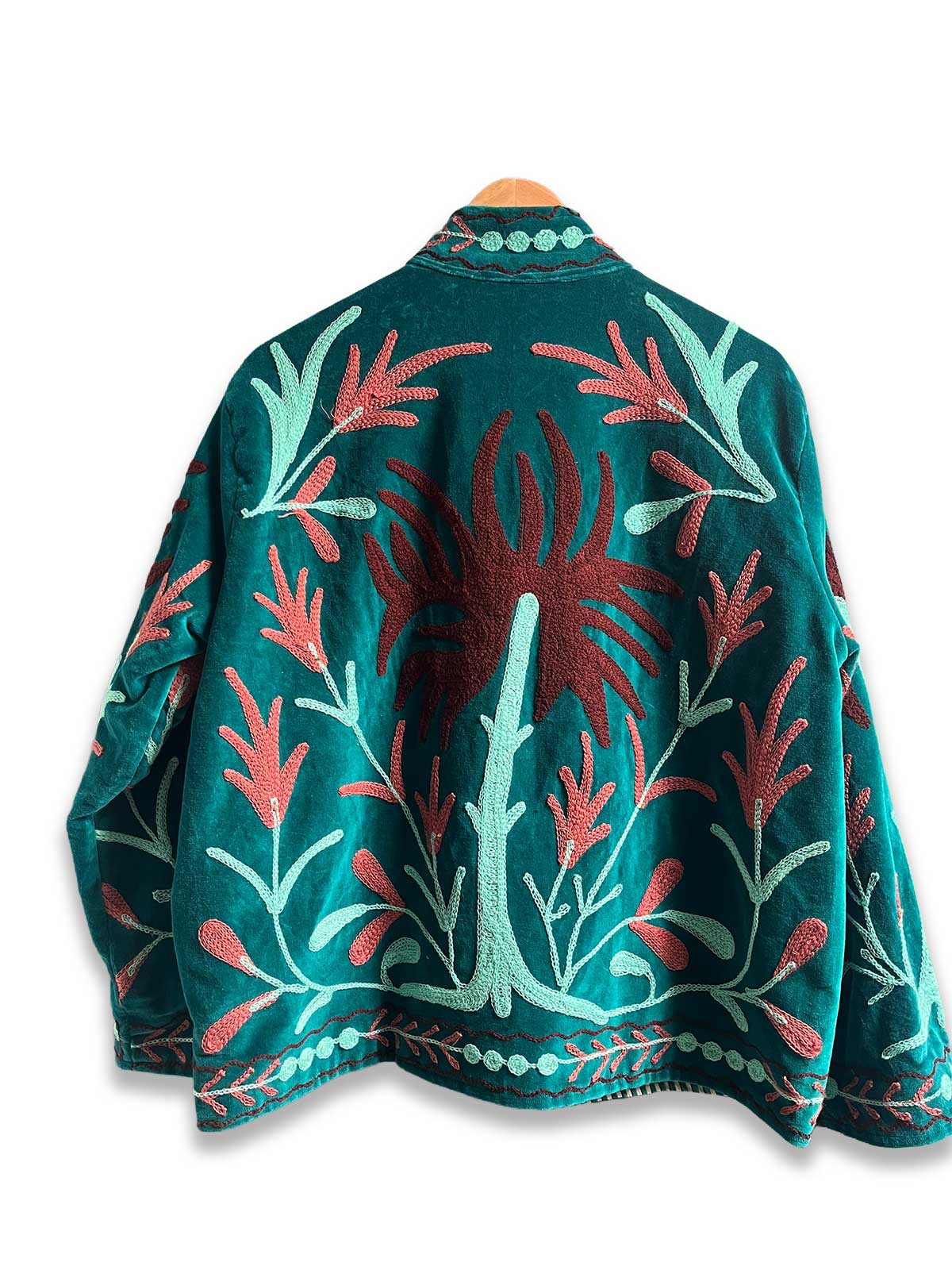 Teal Velvet Suzani Embroidered Womens Jacket - Turquoise & Maroon Floral Motif Pattern