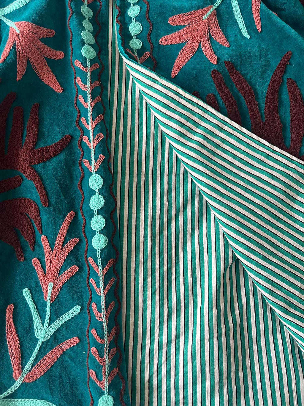 Teal Velvet Suzani Embroidered Womens Jacket - Turquoise & Maroon Floral Motif Pattern