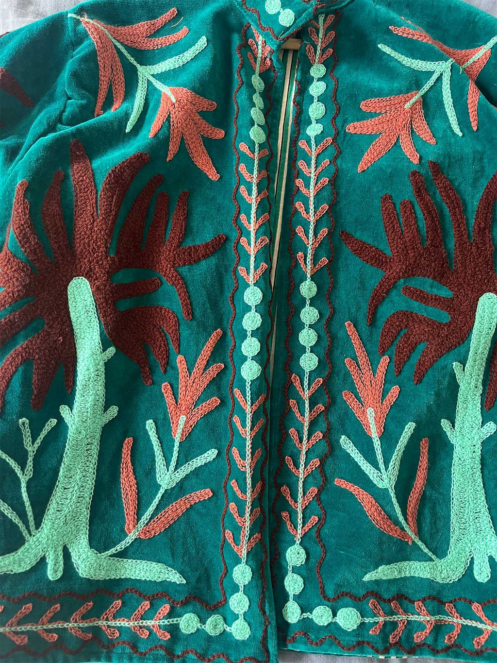Teal Velvet Suzani Embroidered Womens Jacket - Turquoise & Maroon Floral Motif Pattern