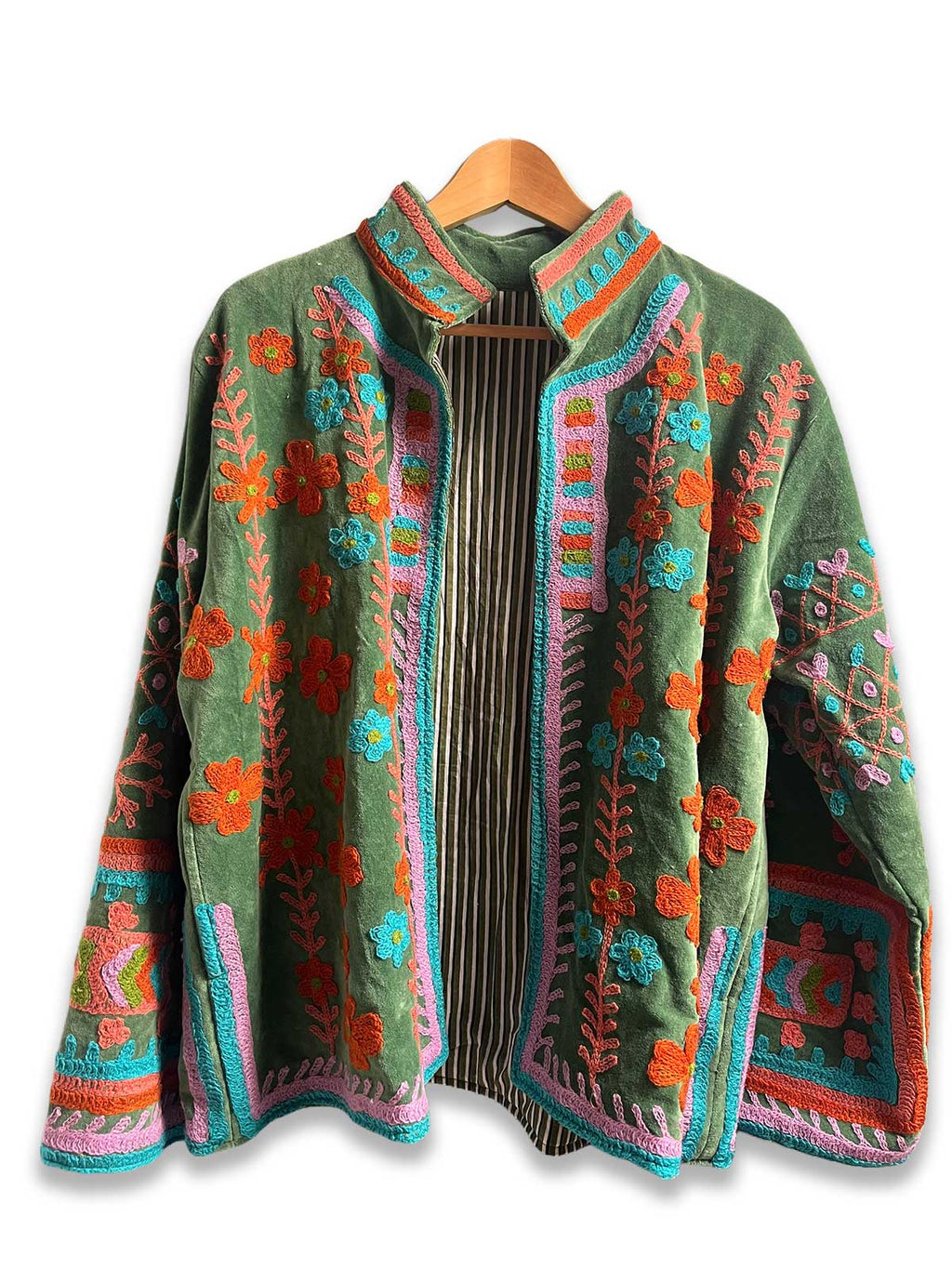 Green Velvet Suzani Embroidered Womens Jacket - Turquoise, Pink & Orange Floral Motif Pattern