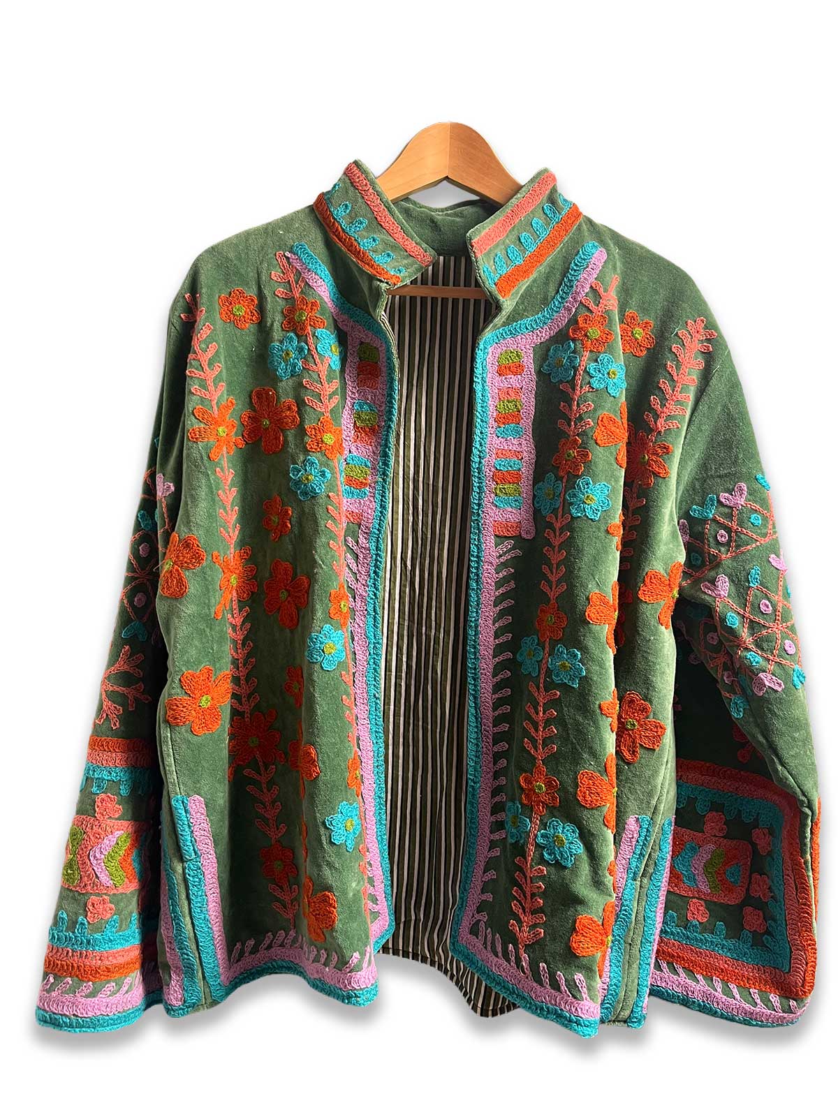 Green Velvet Suzani Embroidered Womens Jacket - Turquoise, Pink & Orange Floral Motif Pattern