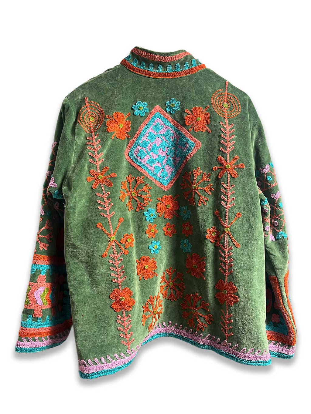 Green Velvet Suzani Embroidered Womens Jacket - Turquoise, Pink & Orange Floral Motif Pattern