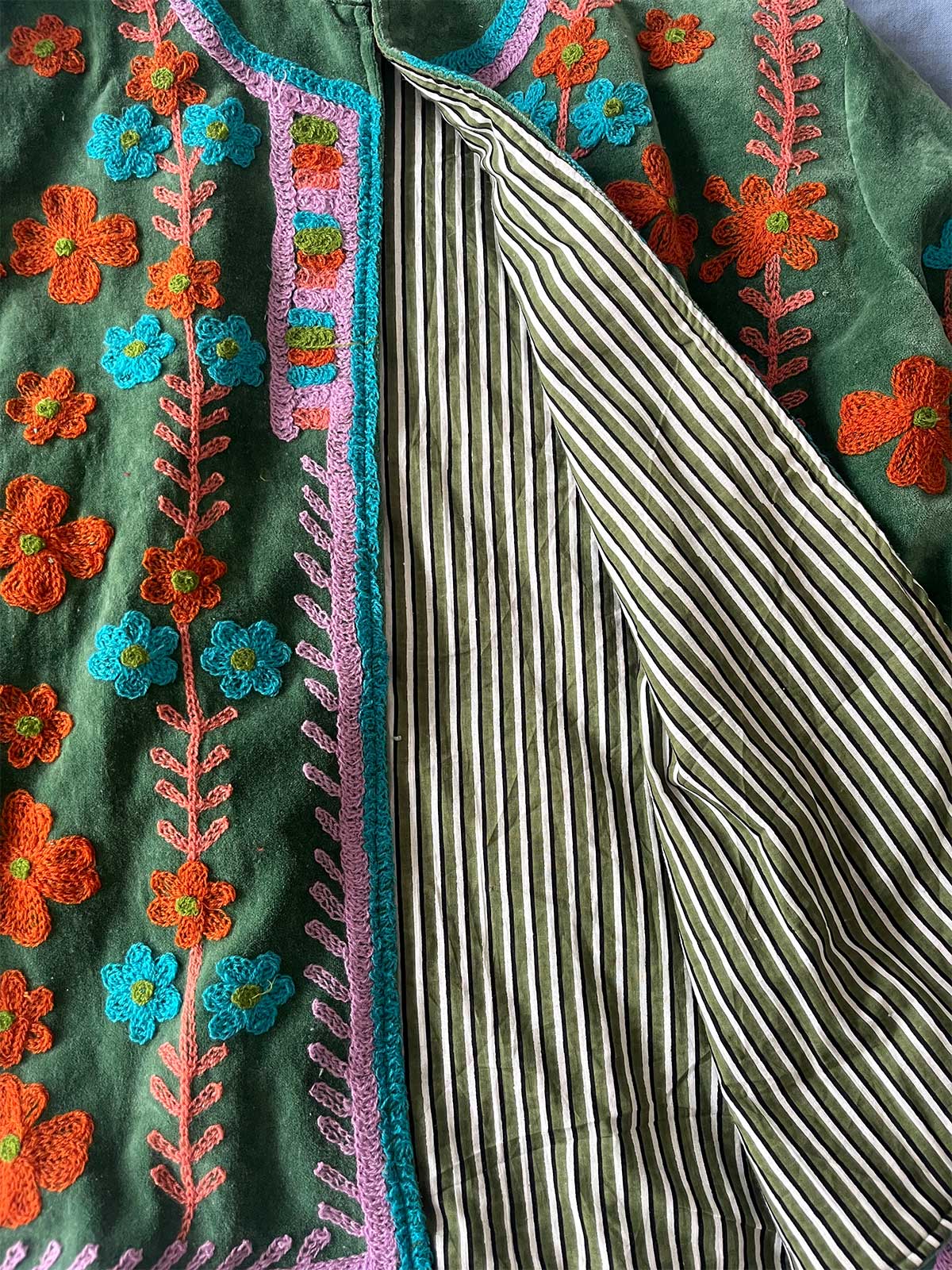 Green Velvet Suzani Embroidered Womens Jacket - Turquoise, Pink & Orange Floral Motif Pattern