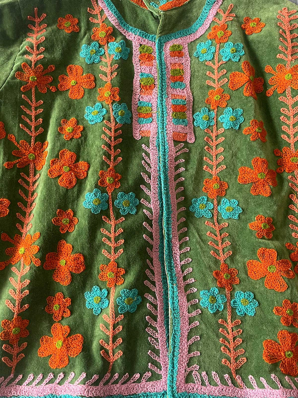 Green Velvet Suzani Embroidered Womens Jacket - Turquoise, Pink & Orange Floral Motif Pattern