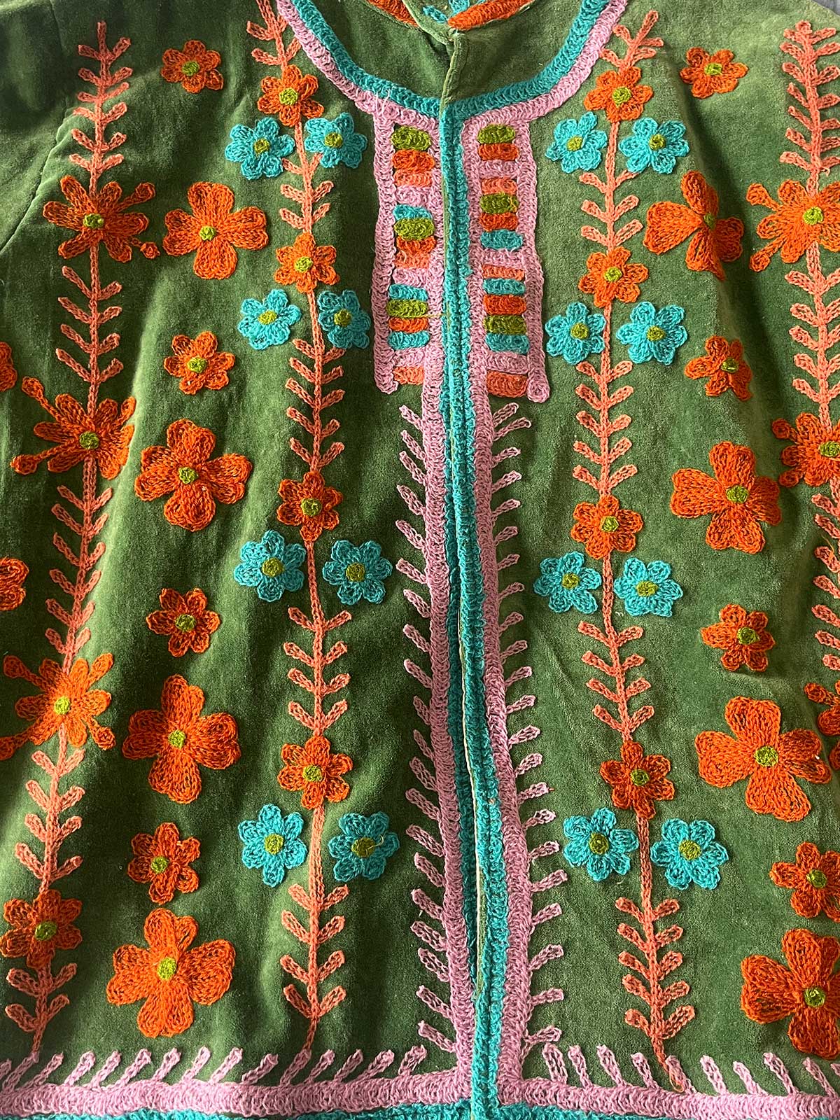 Green Velvet Suzani Embroidered Womens Jacket - Turquoise, Pink & Orange Floral Motif Pattern
