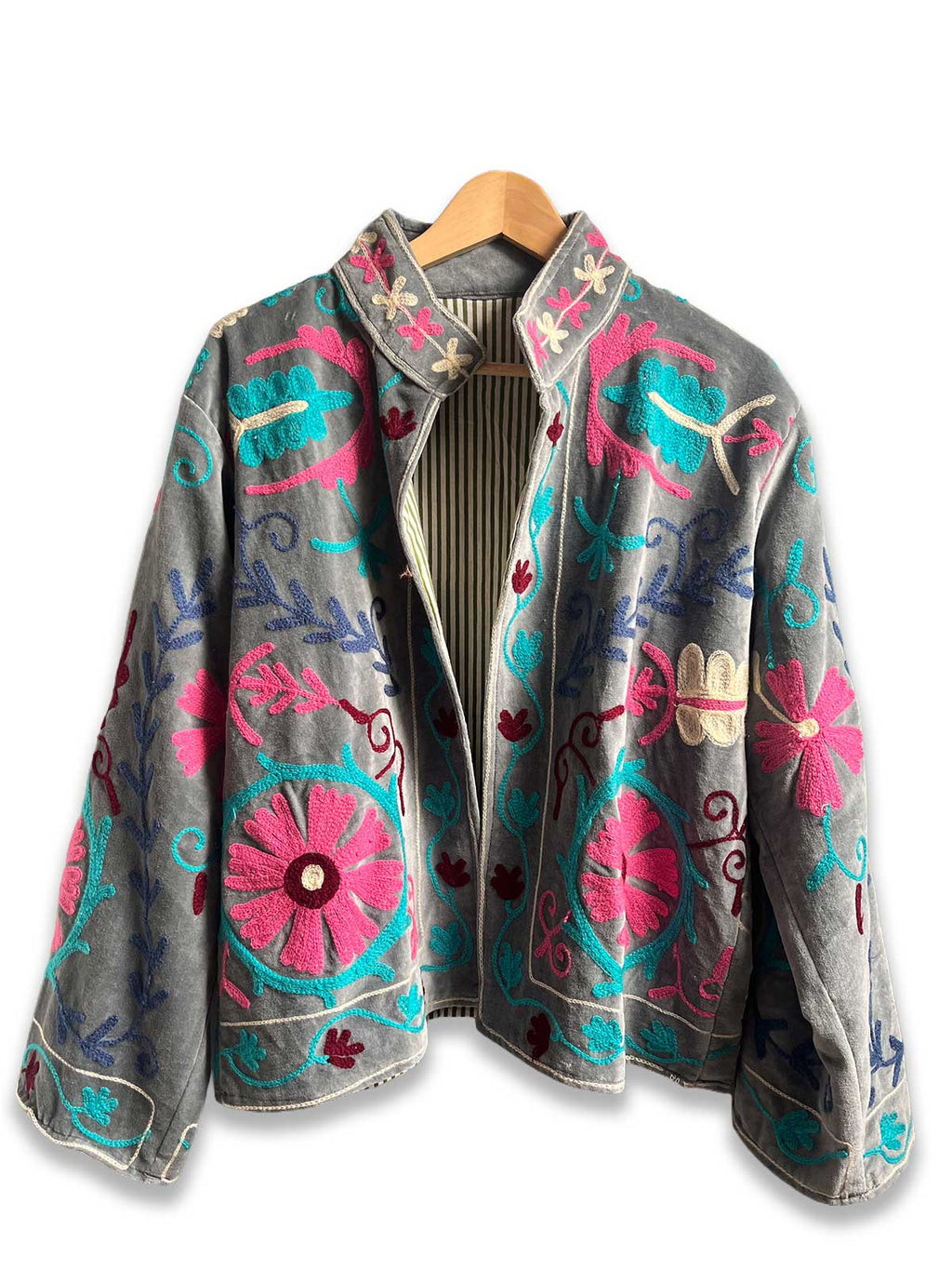 Grey-Blue Velvet Suzani Embroidered Womens Jacket - Pink, Blue & Turquoise Pattern