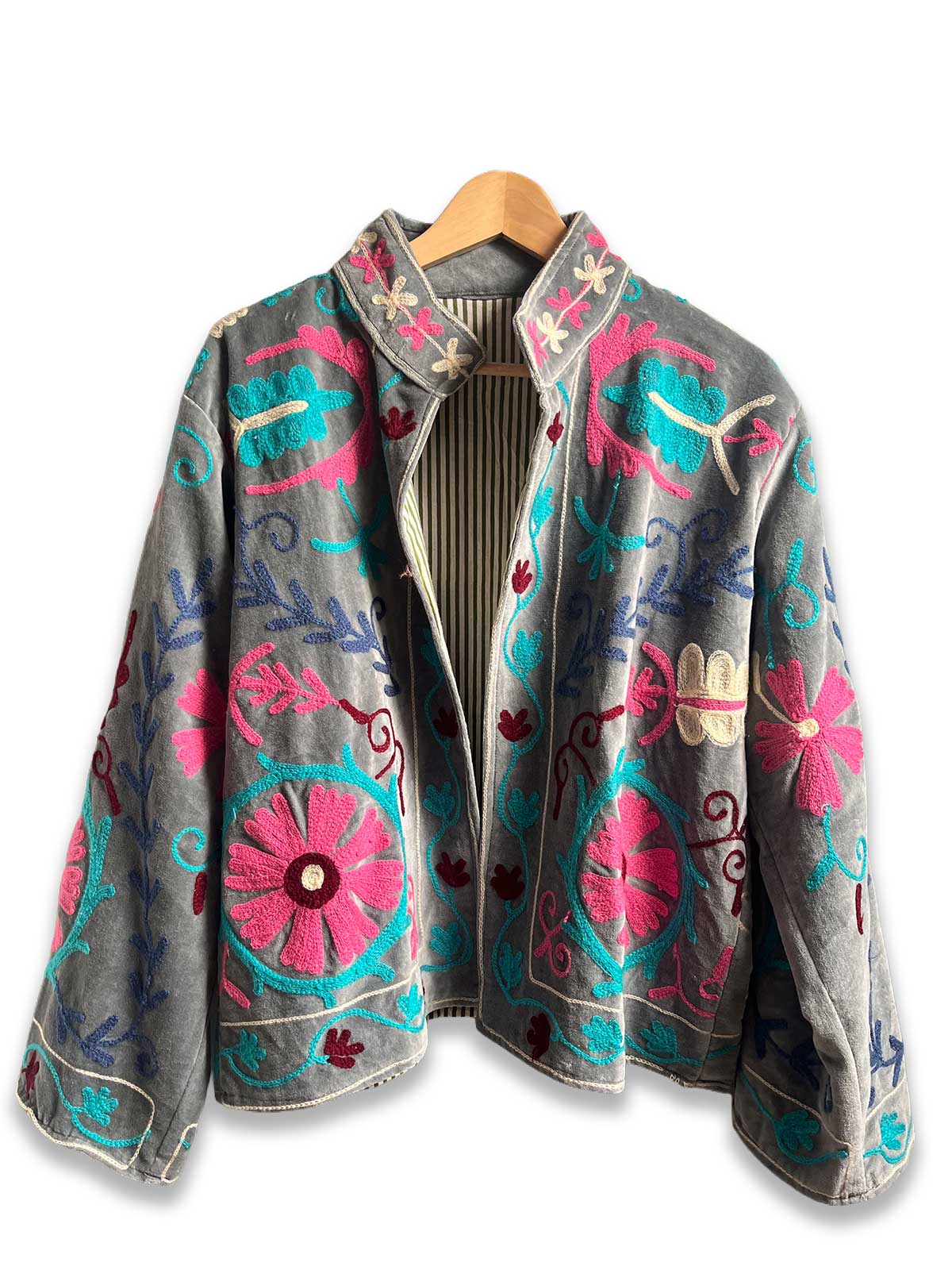 Grey-Blue Velvet Suzani Embroidered Womens Jacket - Pink, Blue & Turquoise Pattern