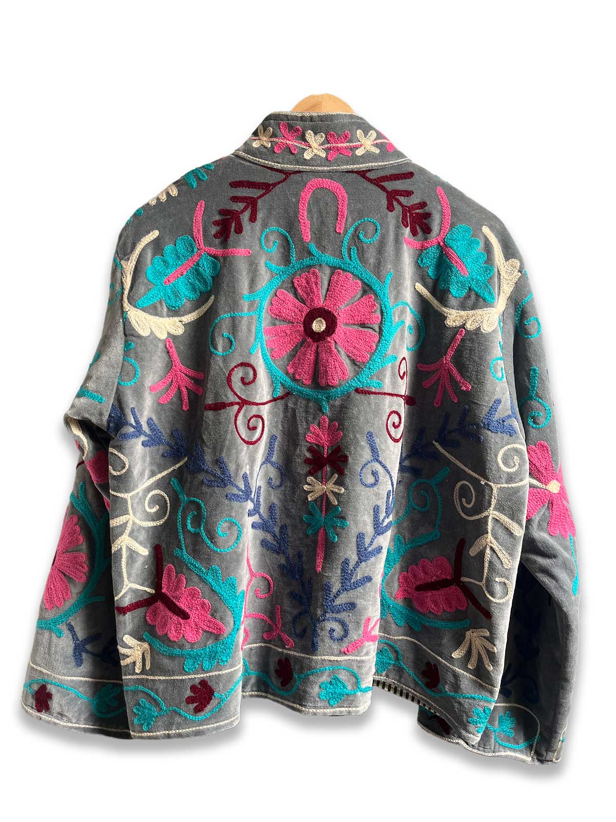 Grey-Blue Velvet Suzani Embroidered Womens Jacket - Pink, Blue & Turquoise Pattern