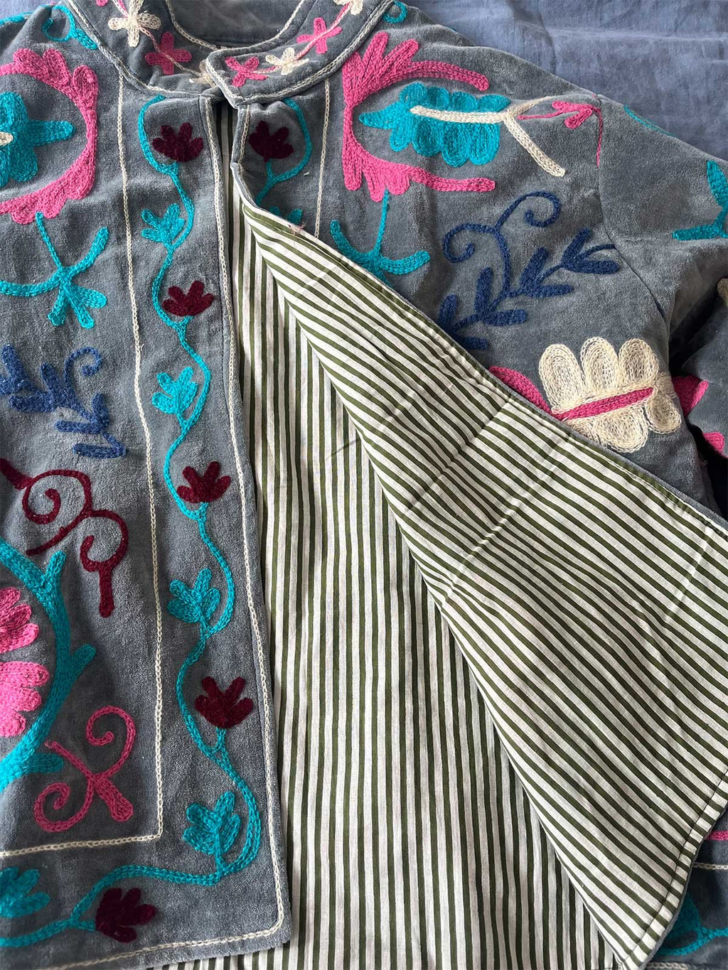 Grey-Blue Velvet Suzani Embroidered Womens Jacket - Pink, Blue & Turquoise Pattern