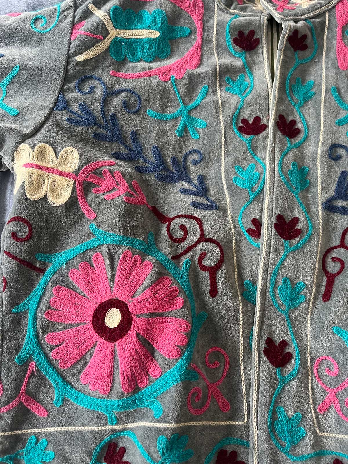 Grey-Blue Velvet Suzani Embroidered Womens Jacket - Pink, Blue & Turquoise Pattern