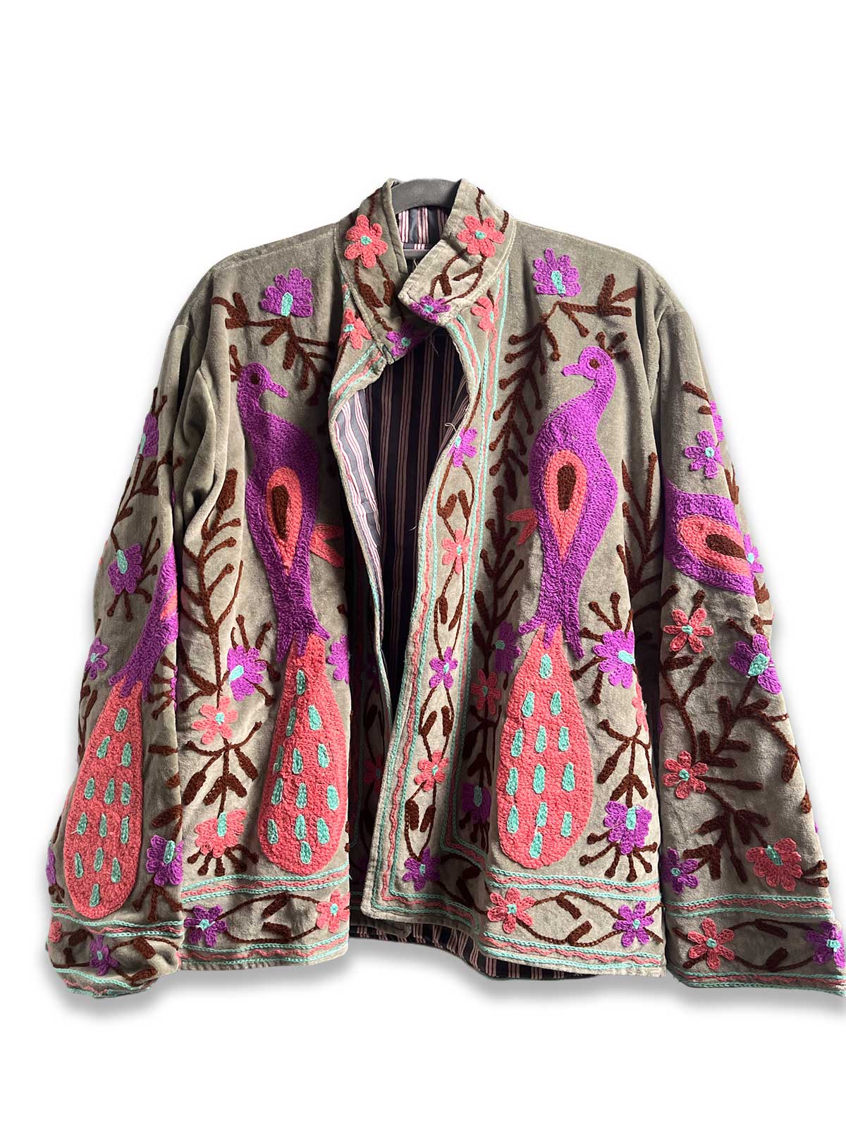 Grey Velvet Suzani Embroidered Womens Jacket - Purple & Pink Peacock Motif Pattern