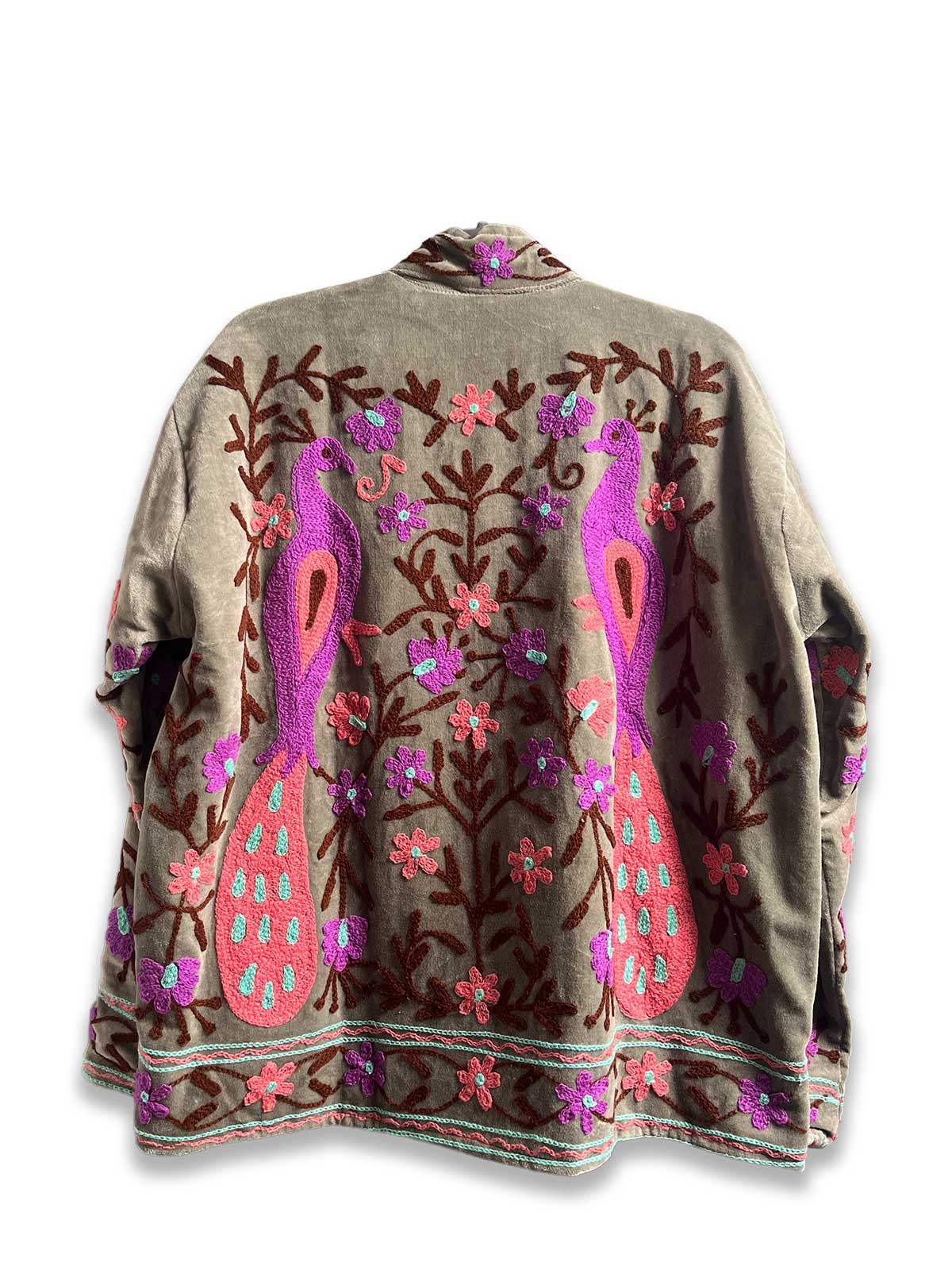 Grey Velvet Suzani Embroidered Womens Jacket - Purple & Pink Peacock Motif Pattern