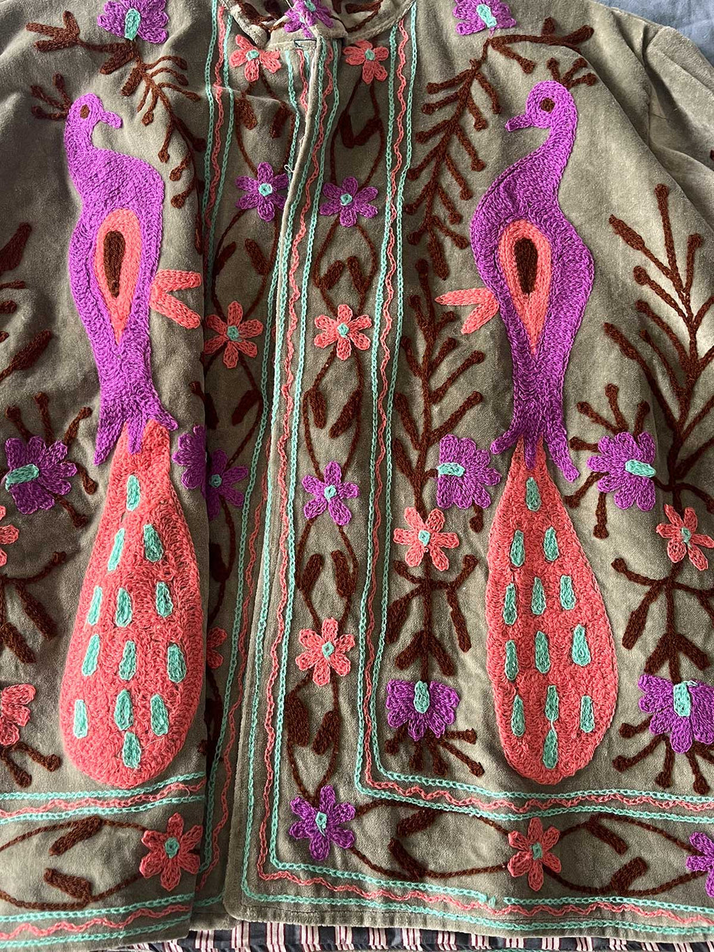 Grey Velvet Suzani Embroidered Womens Jacket - Purple & Pink Peacock Motif Pattern