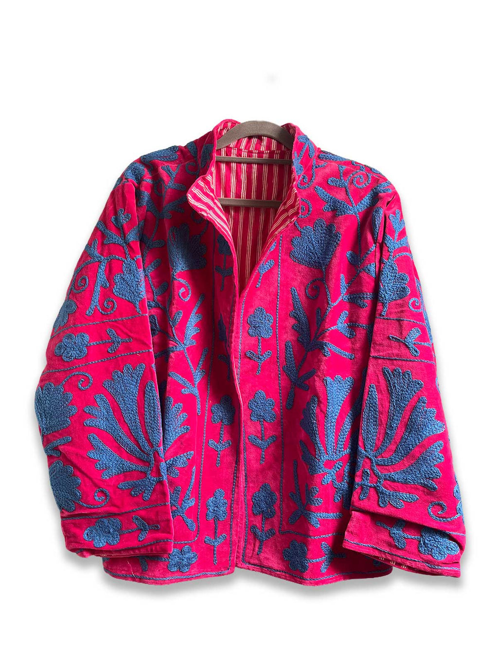 Magenta Velvet Suzani Embroidered Womens Jacket - Blue Floral Motif Pattern