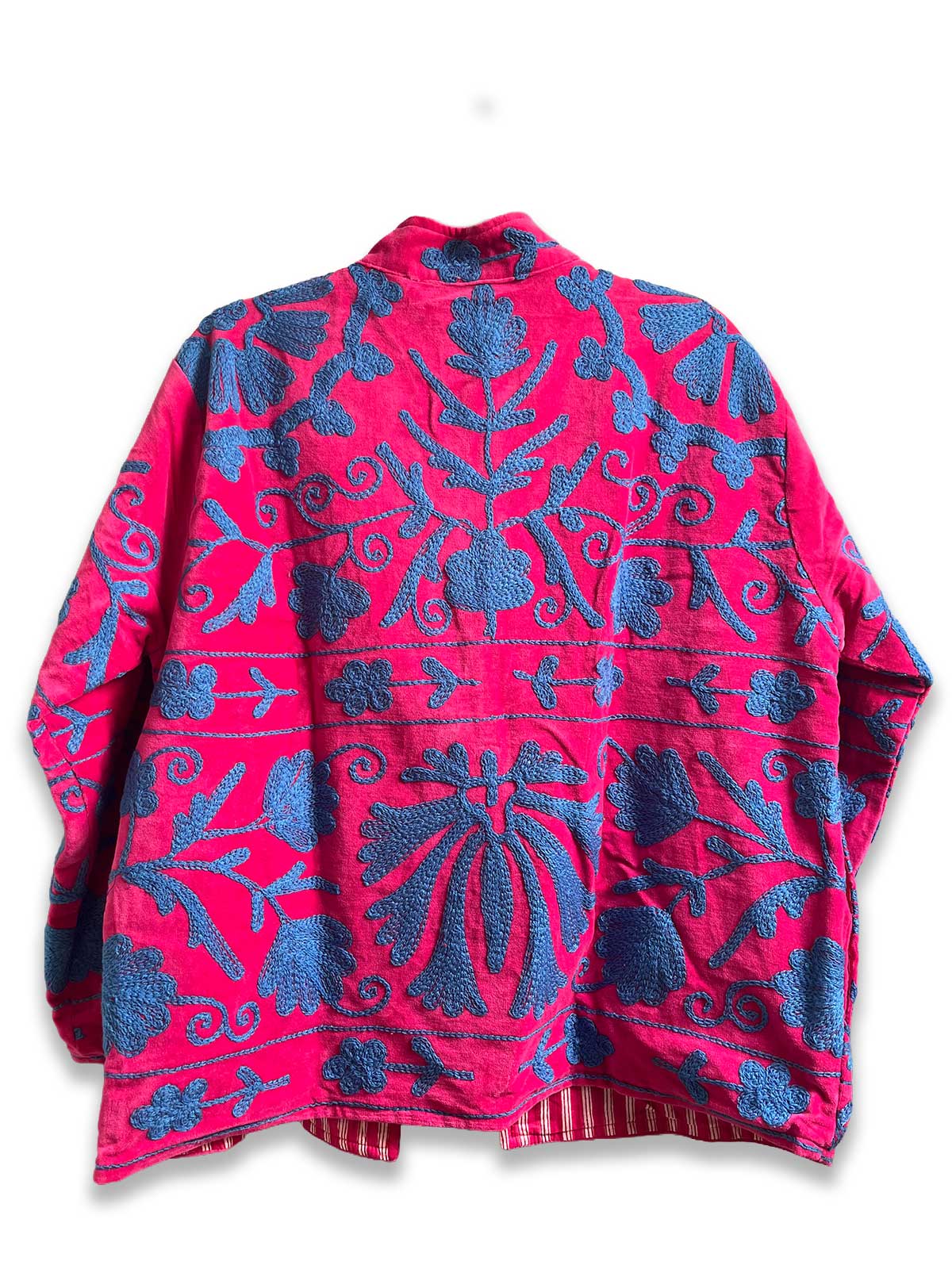 Magenta Velvet Suzani Embroidered Womens Jacket - Blue Floral Motif Pattern