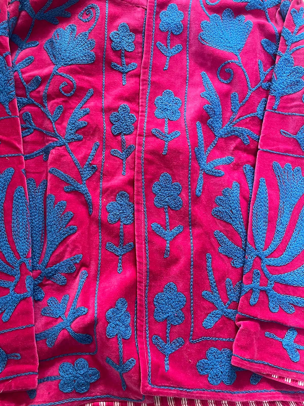 Magenta Velvet Suzani Embroidered Womens Jacket - Blue Floral Motif Pattern