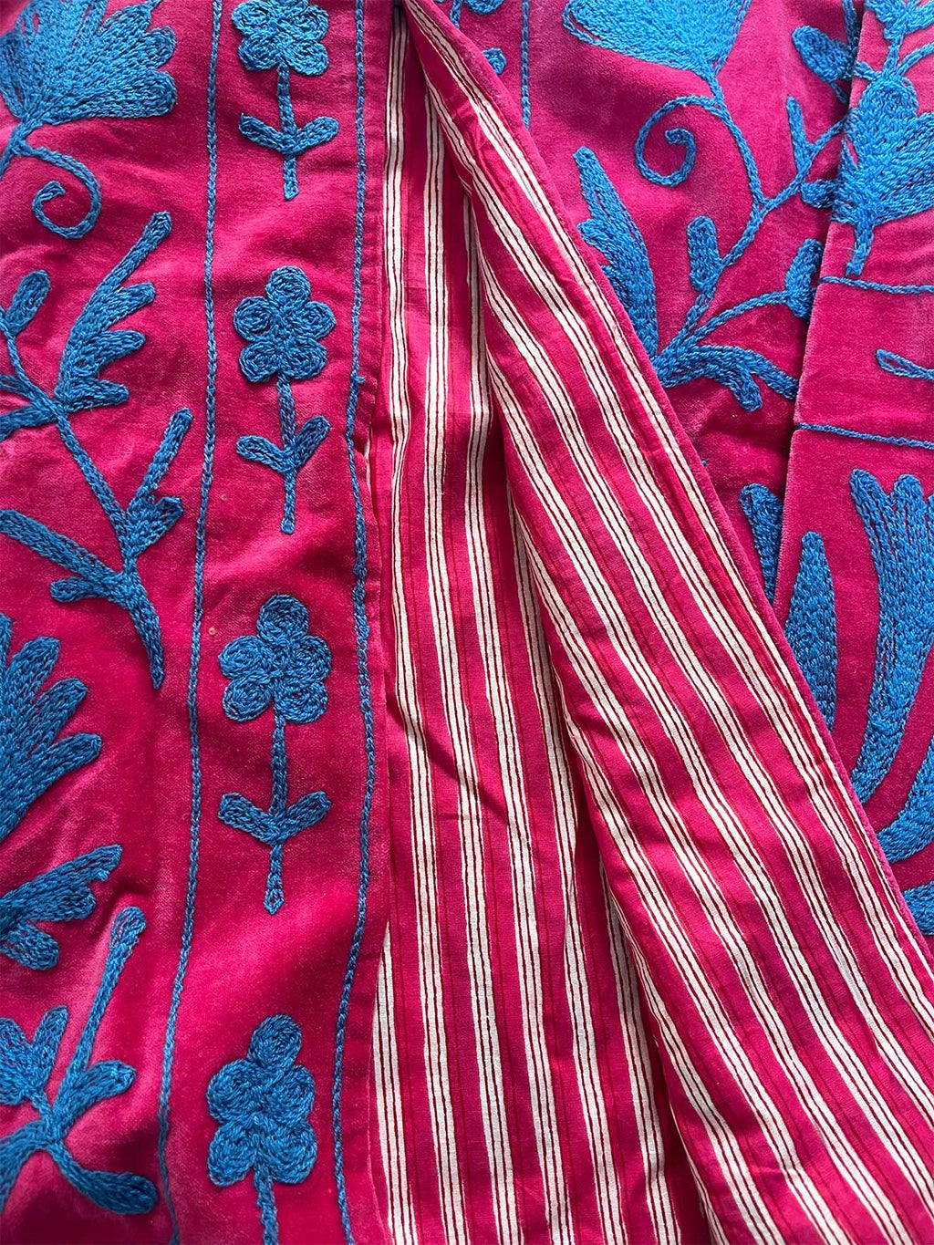Magenta Velvet Suzani Embroidered Womens Jacket - Blue Floral Motif Pattern