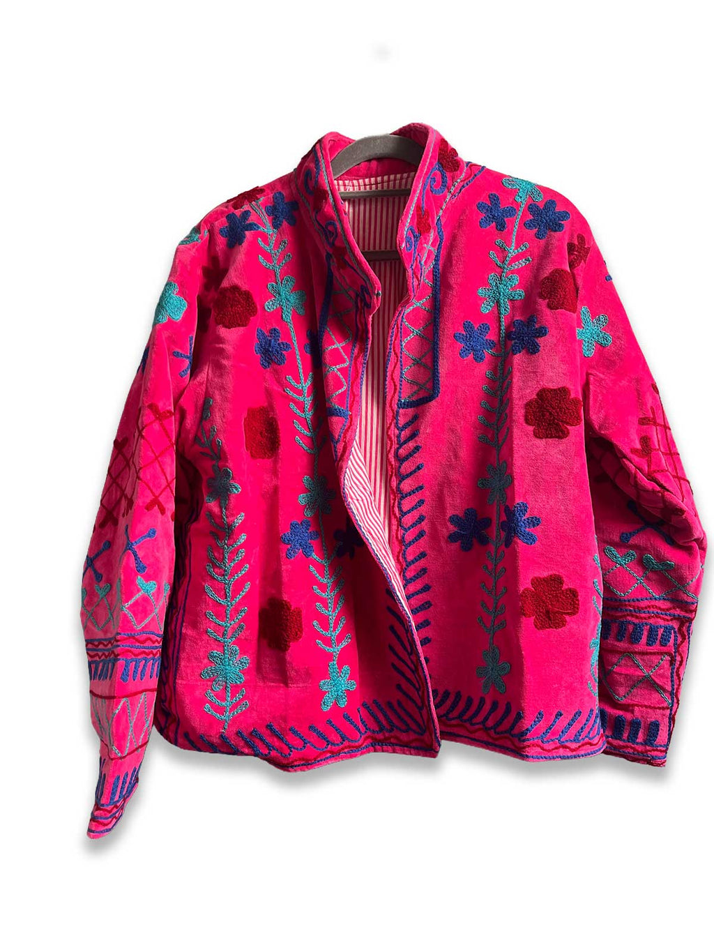 Deep Pink Velvet Suzani Embroidered Womens Jacket - Turquoise, Blue & Red Pattern