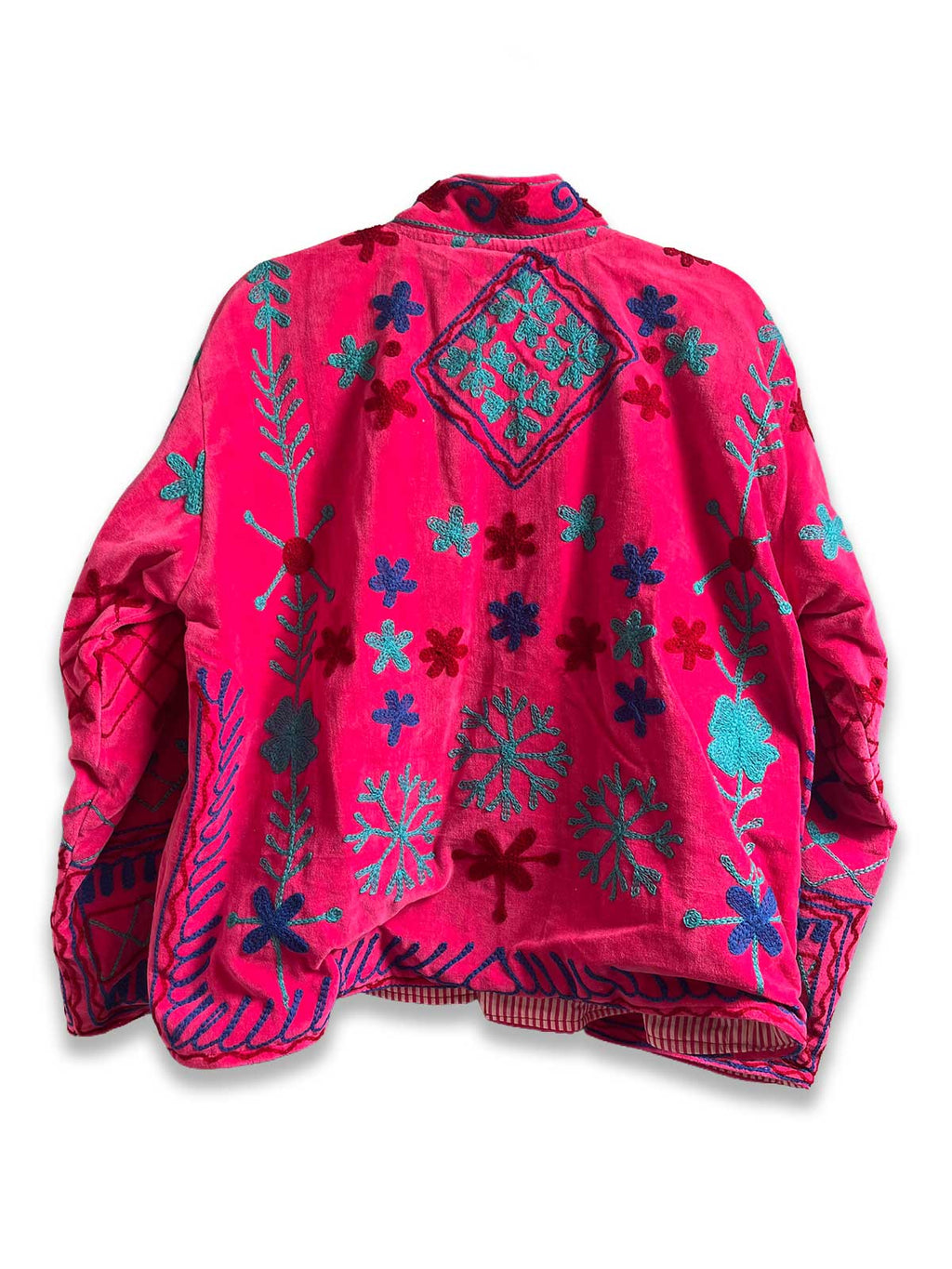 Deep Pink Velvet Suzani Embroidered Womens Jacket - Turquoise, Blue & Red Pattern
