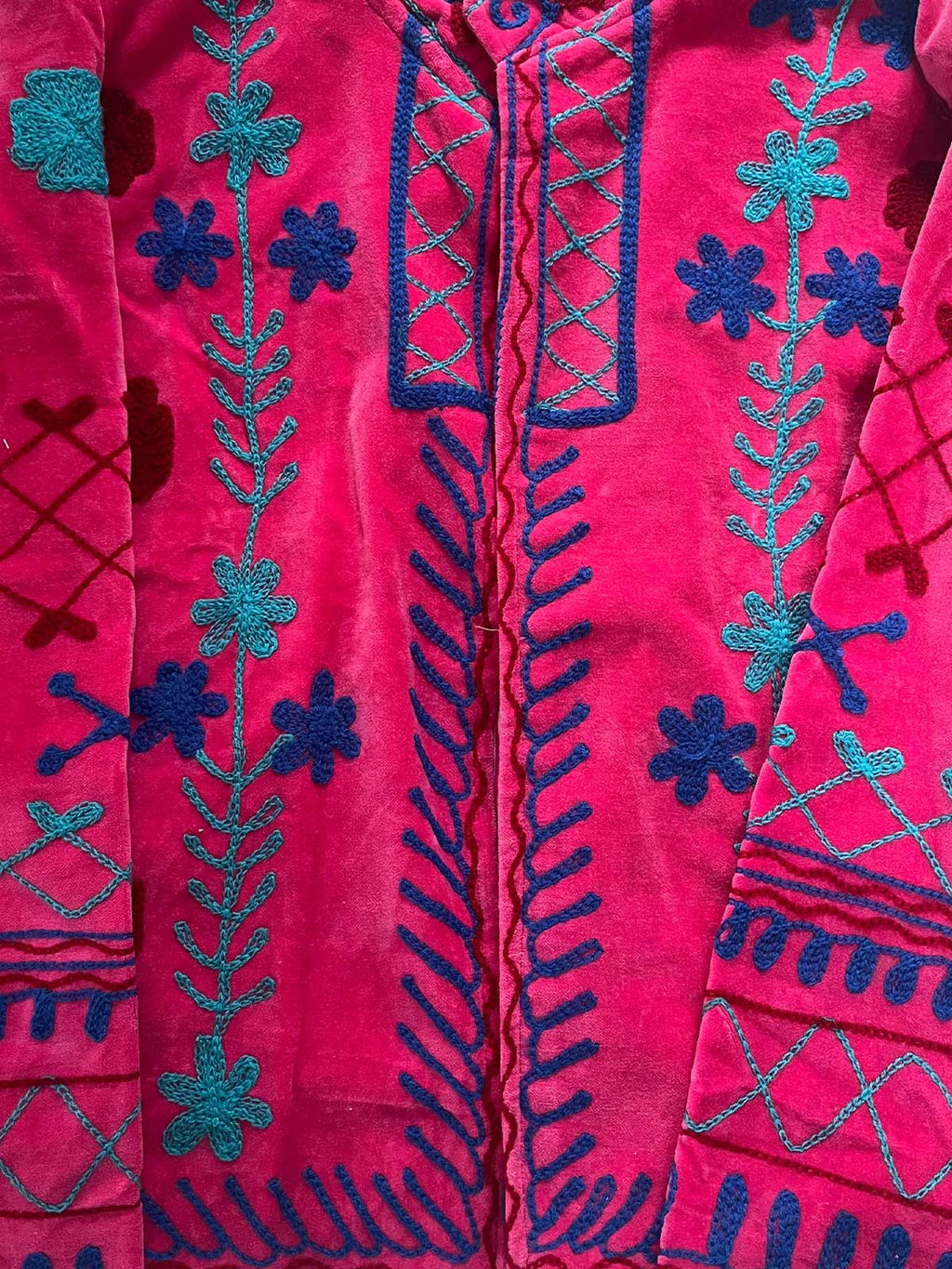 Deep Pink Velvet Suzani Embroidered Womens Jacket - Turquoise, Blue & Red Pattern