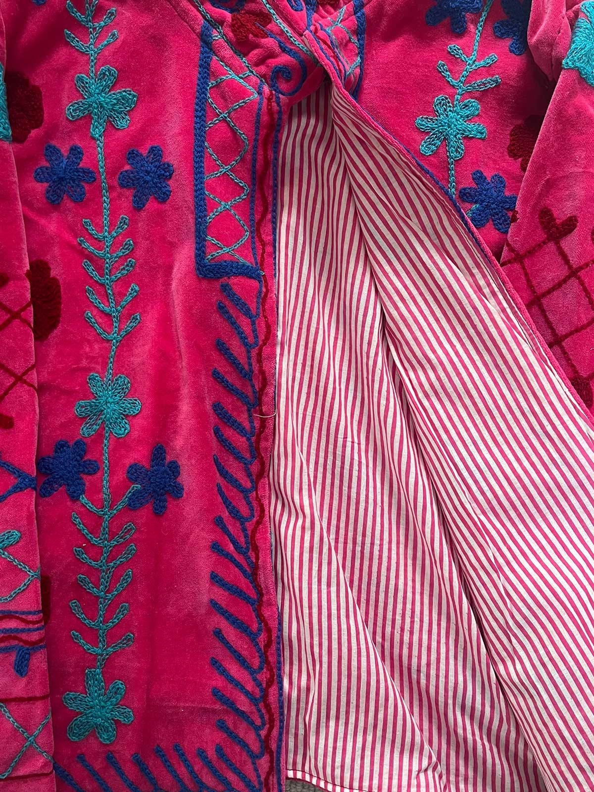 Deep Pink Velvet Suzani Embroidered Womens Jacket - Turquoise, Blue & Red Pattern