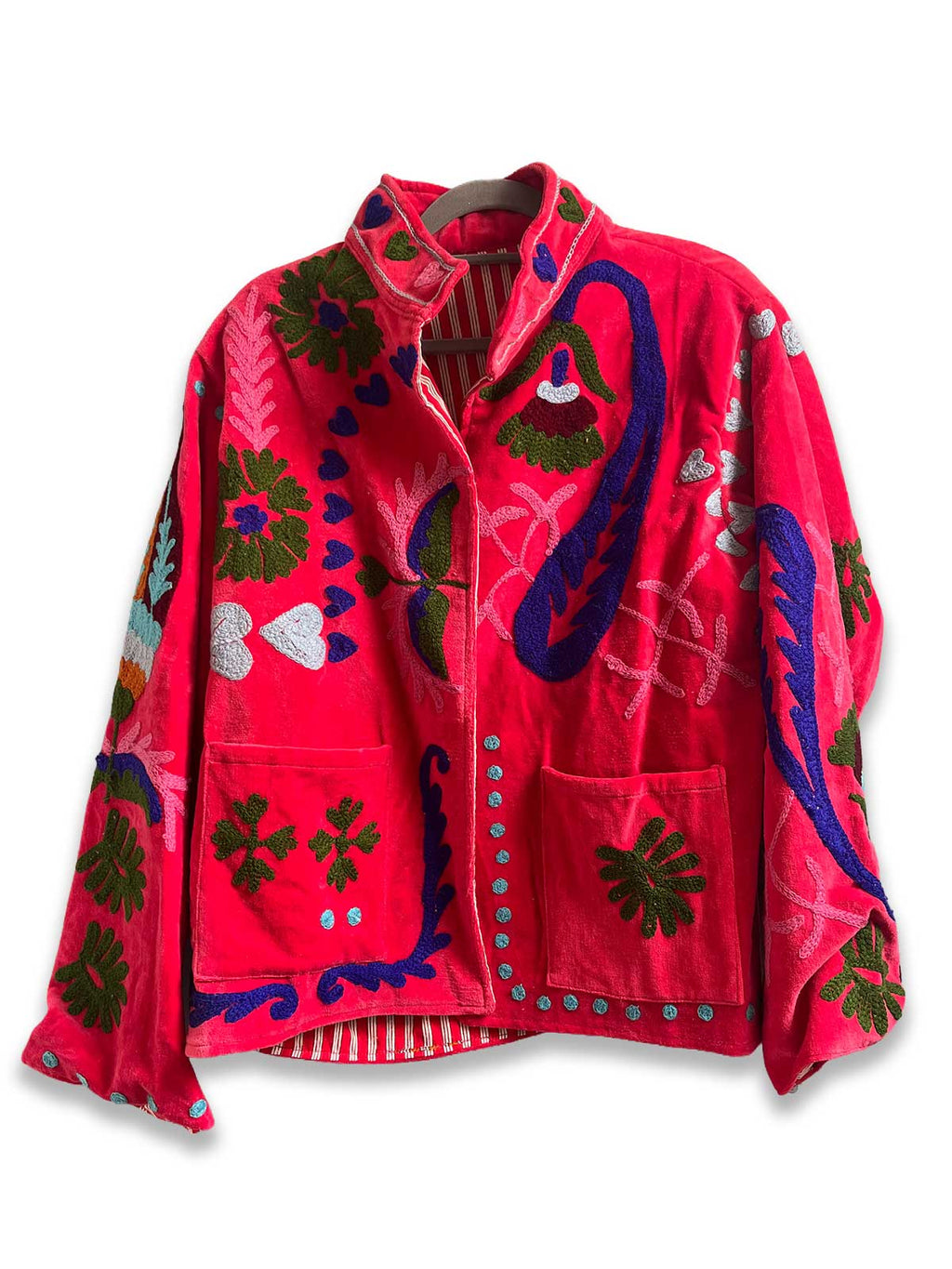 Bright Amaranth Velvet Suzani Embroidered Womens Jacket - Green, Blue & White Pattern