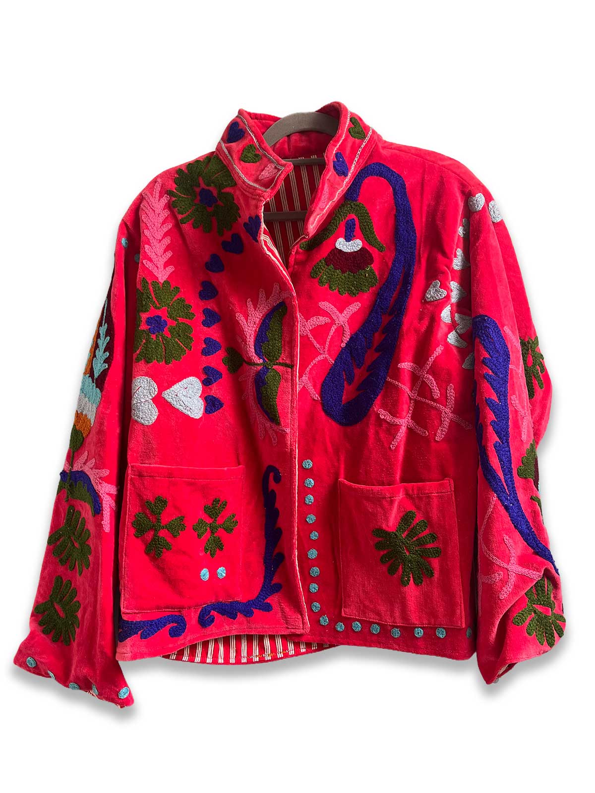 Bright Amaranth Velvet Suzani Embroidered Womens Jacket - Green, Blue & White Pattern