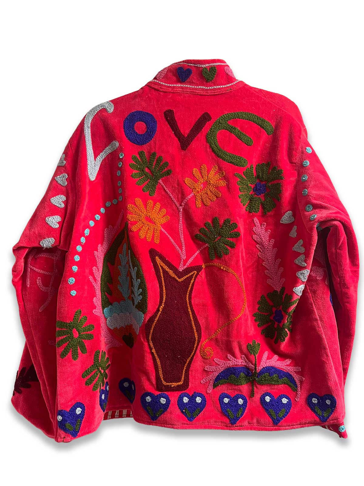 Bright Amaranth Velvet Suzani Embroidered Womens Jacket - Green, Blue & White Pattern
