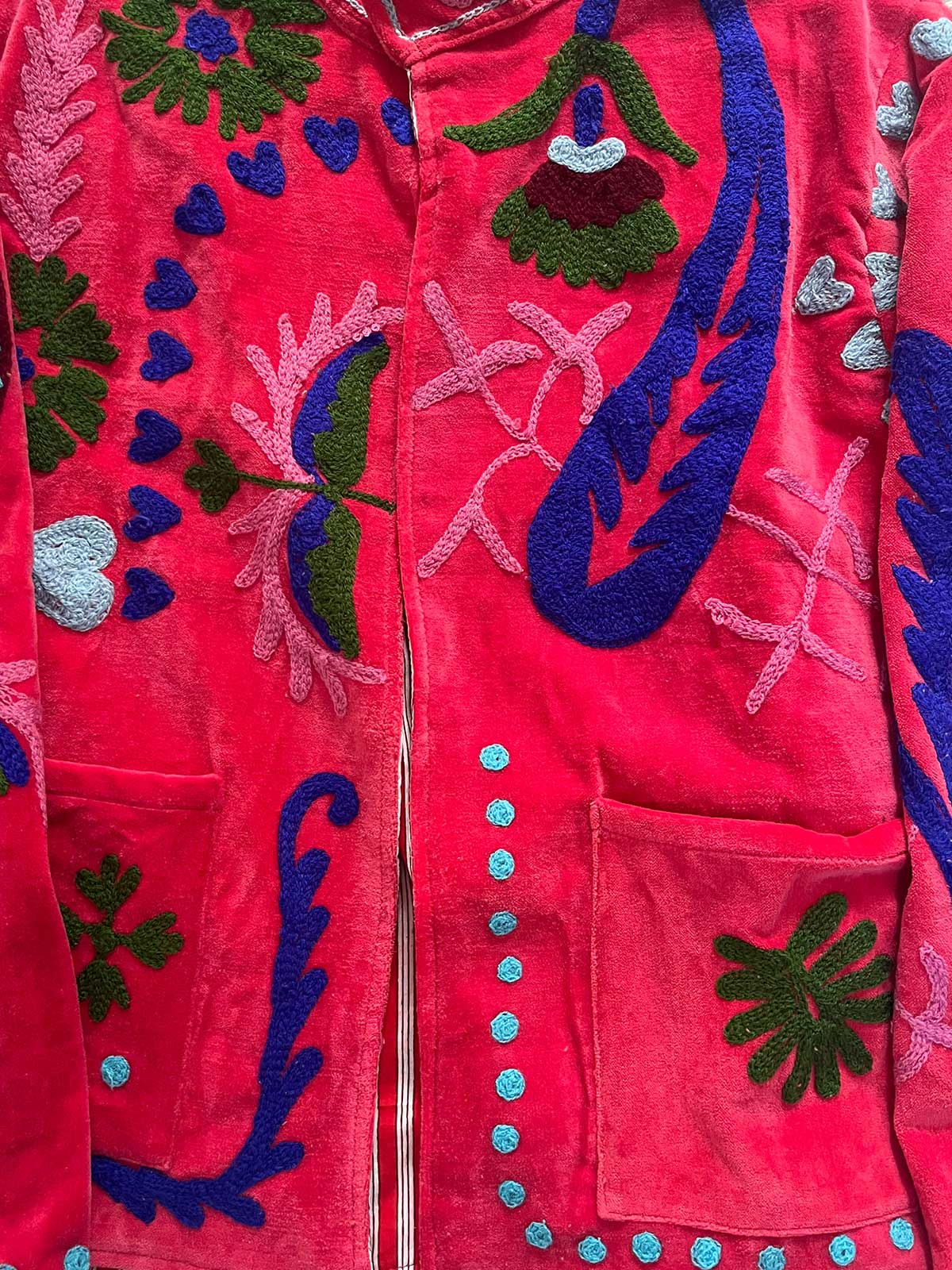 Bright Amaranth Velvet Suzani Embroidered Womens Jacket - Green, Blue & White Pattern