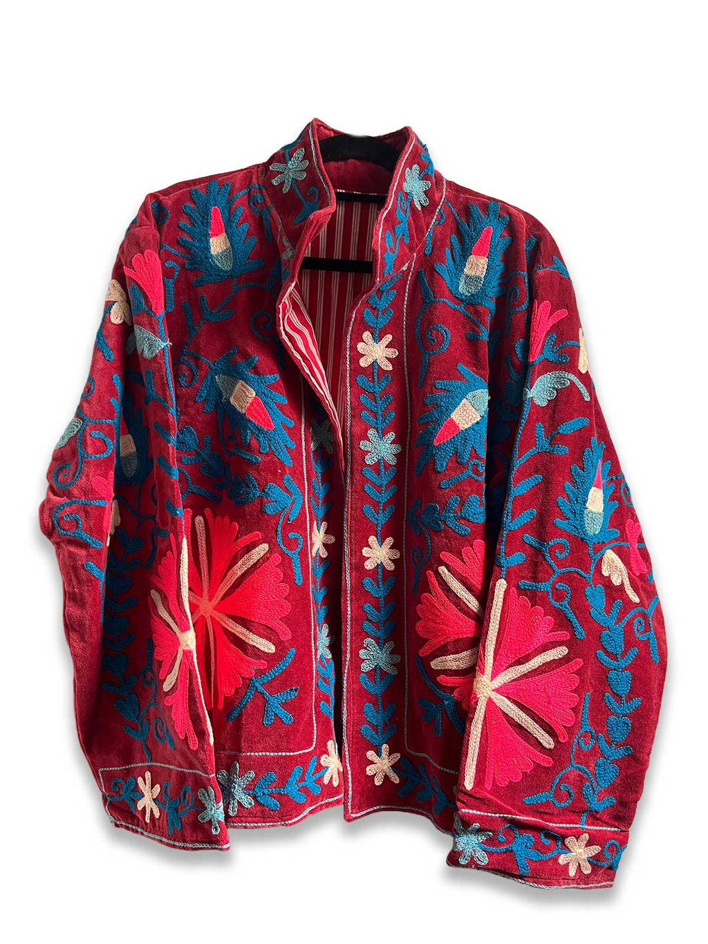 Light Burgundy Velvet Suzani Embroidered Womens Jacket - Pink, Blue & White Pattern