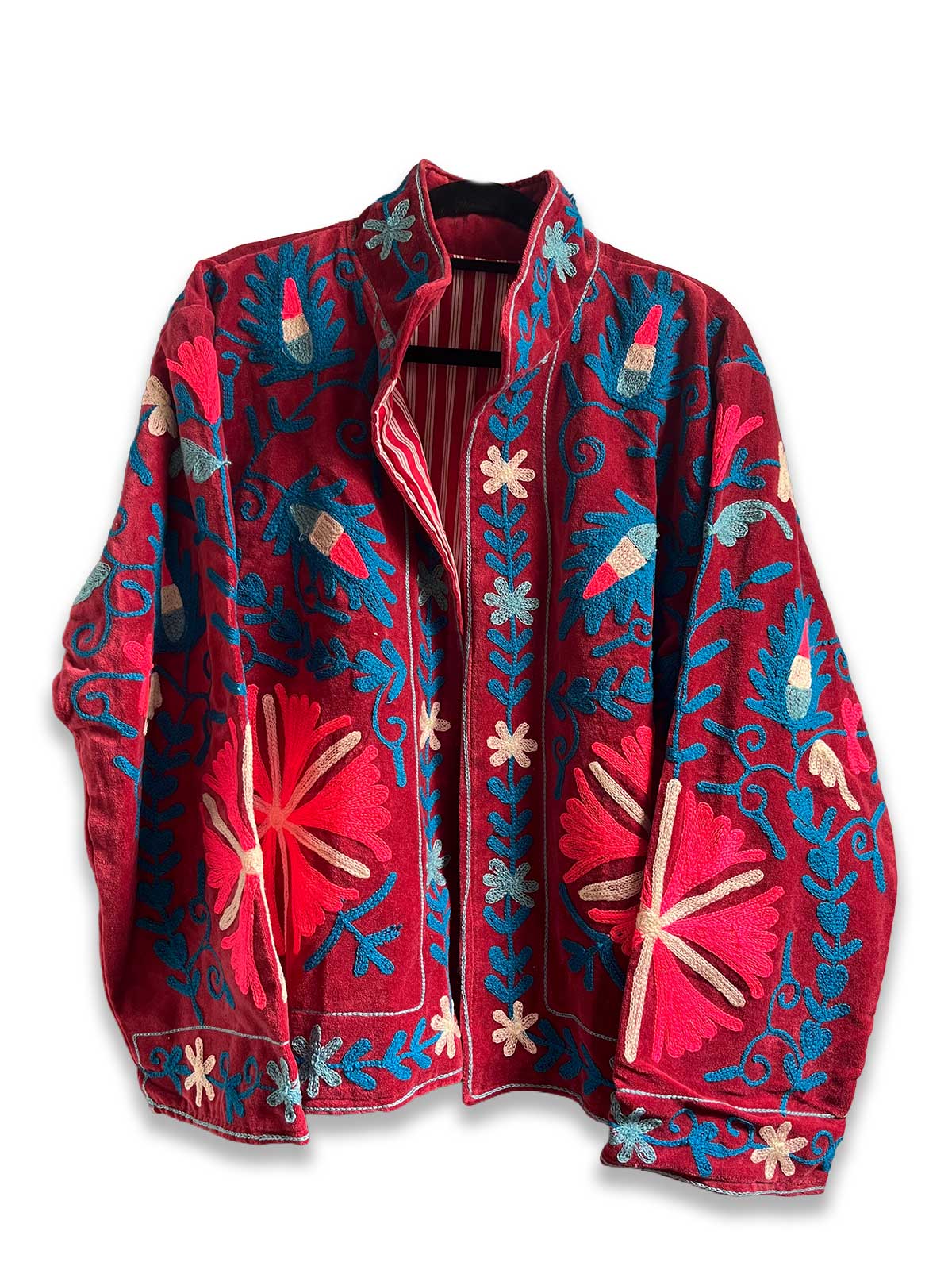 Light Burgundy Velvet Suzani Embroidered Womens Jacket - Pink, Blue & White Pattern
