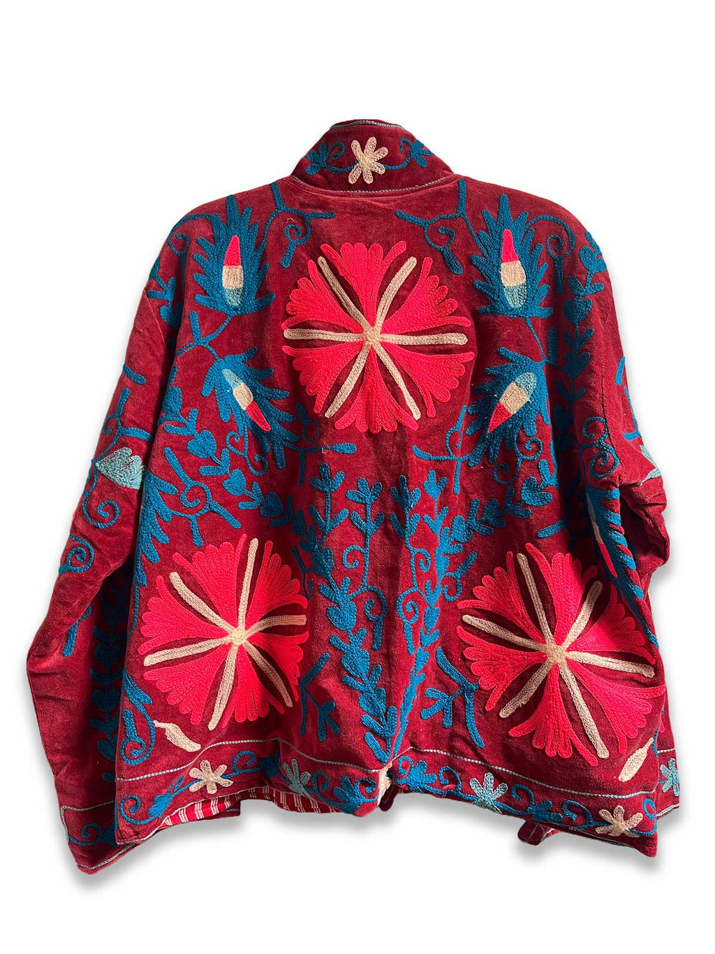 Light Burgundy Velvet Suzani Embroidered Womens Jacket - Pink, Blue & White Pattern