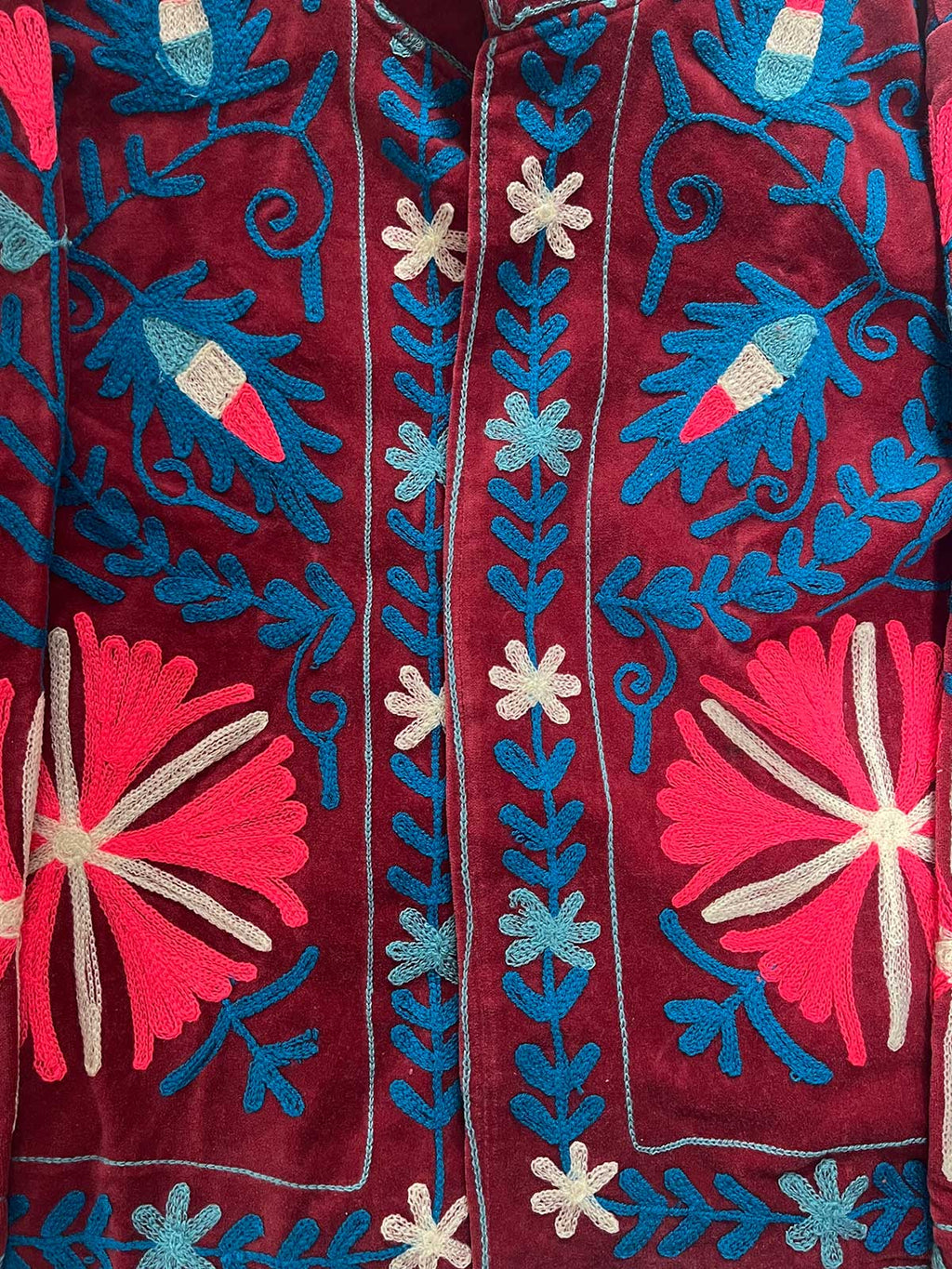 Light Burgundy Velvet Suzani Embroidered Womens Jacket - Pink, Blue & White Pattern