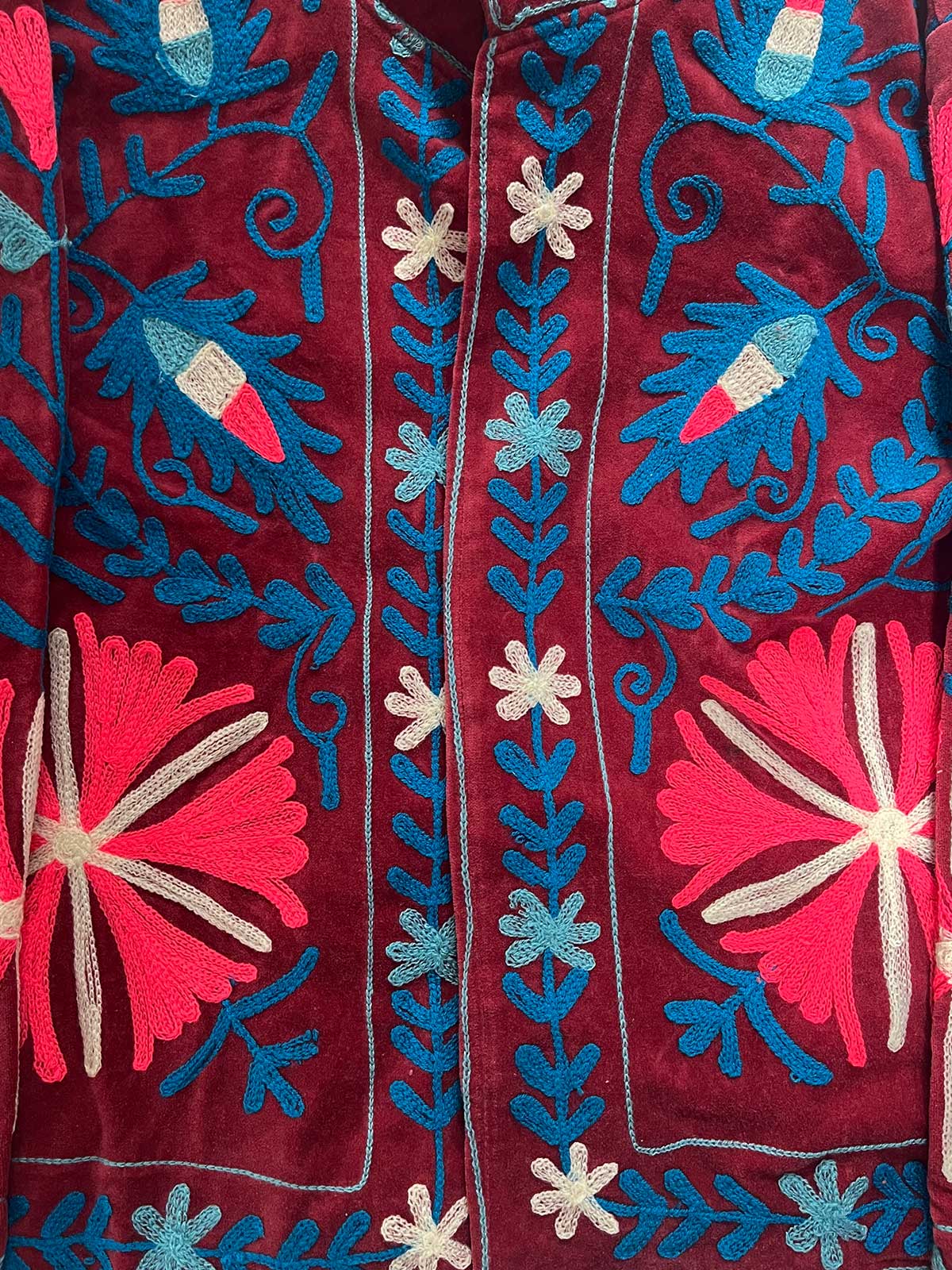 Light Burgundy Velvet Suzani Embroidered Womens Jacket - Pink, Blue & White Pattern