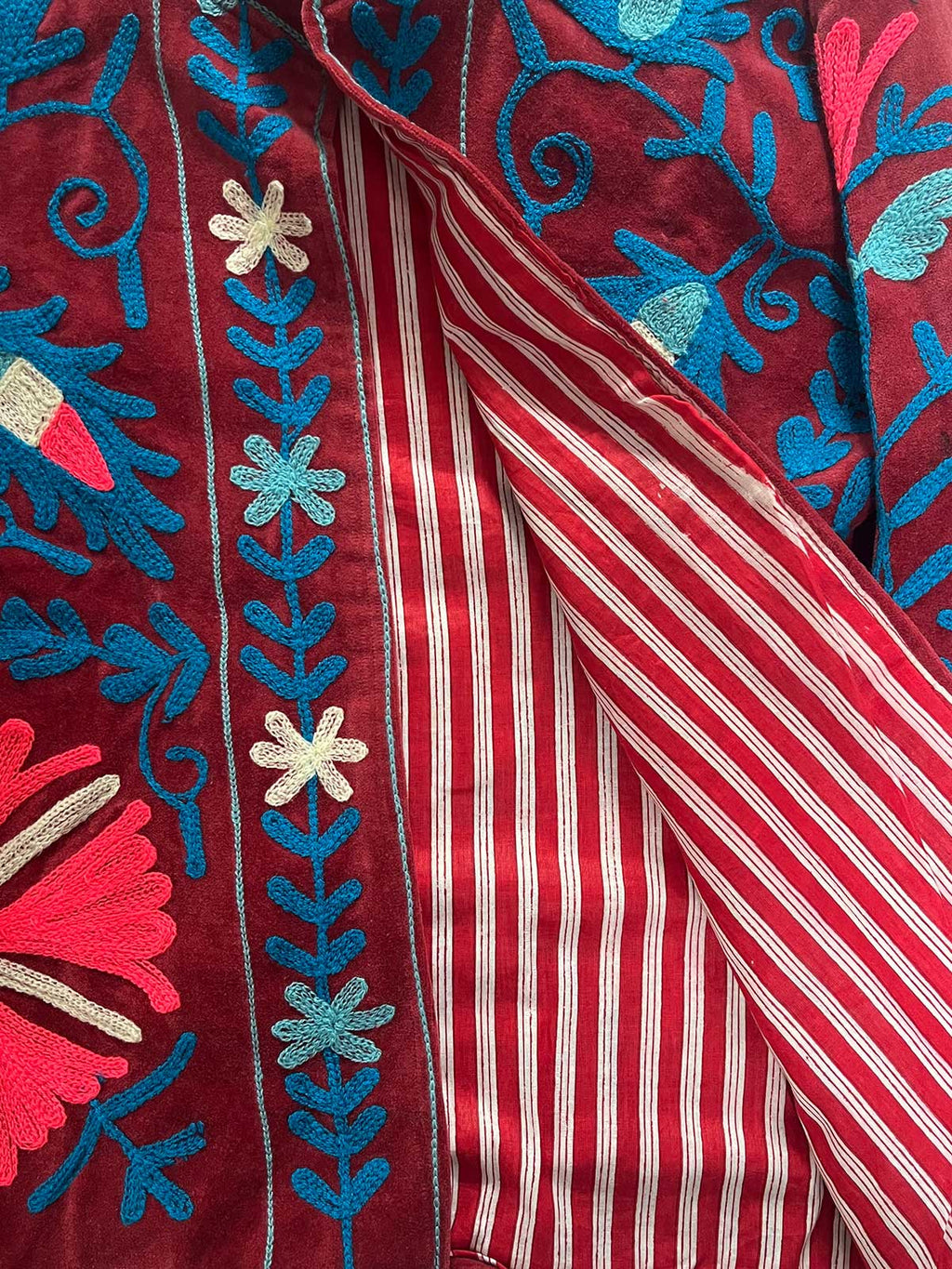 Light Burgundy Velvet Suzani Embroidered Womens Jacket - Pink, Blue & White Pattern