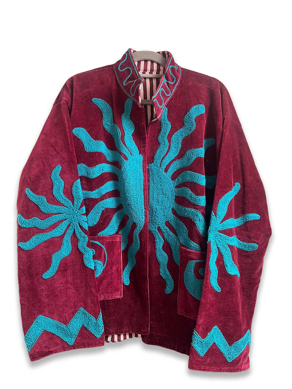 Burgundy Velvet Suzani Embroidered Womens Jacket - Blue Sun Motif Pattern