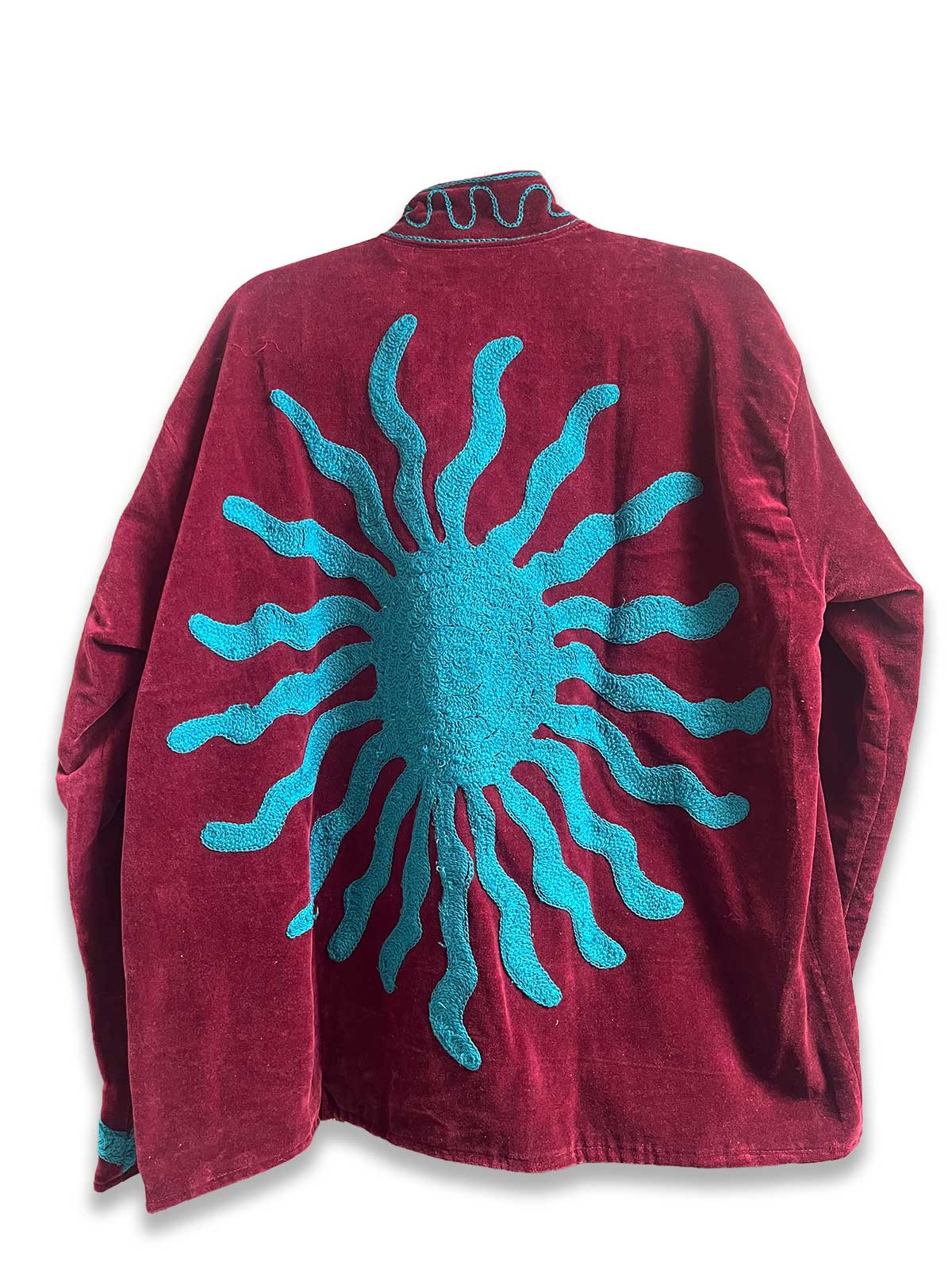 Burgundy Velvet Suzani Embroidered Womens Jacket - Blue Sun Motif Pattern