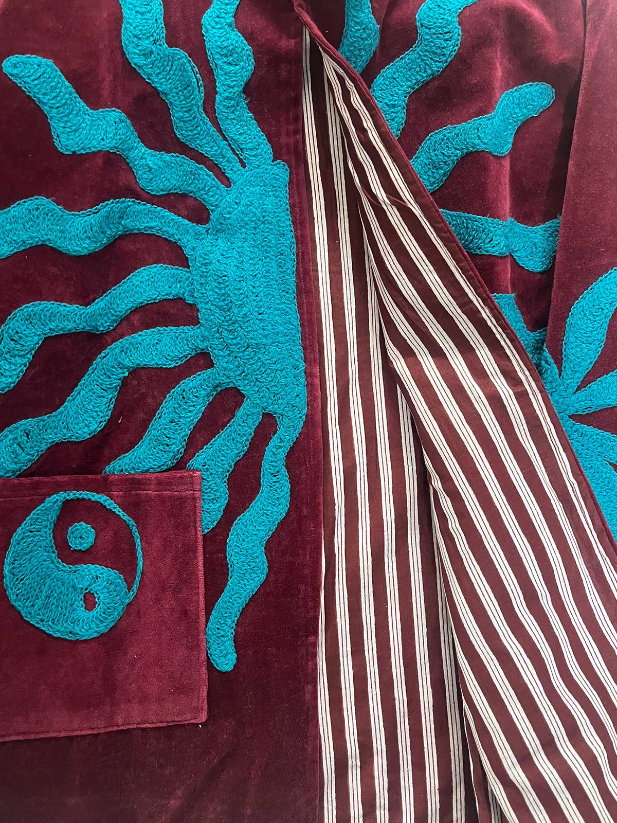 Burgundy Velvet Suzani Embroidered Womens Jacket - Blue Sun Motif Pattern