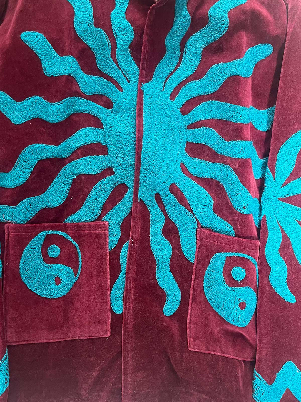 Burgundy Velvet Suzani Embroidered Womens Jacket - Blue Sun Motif Pattern