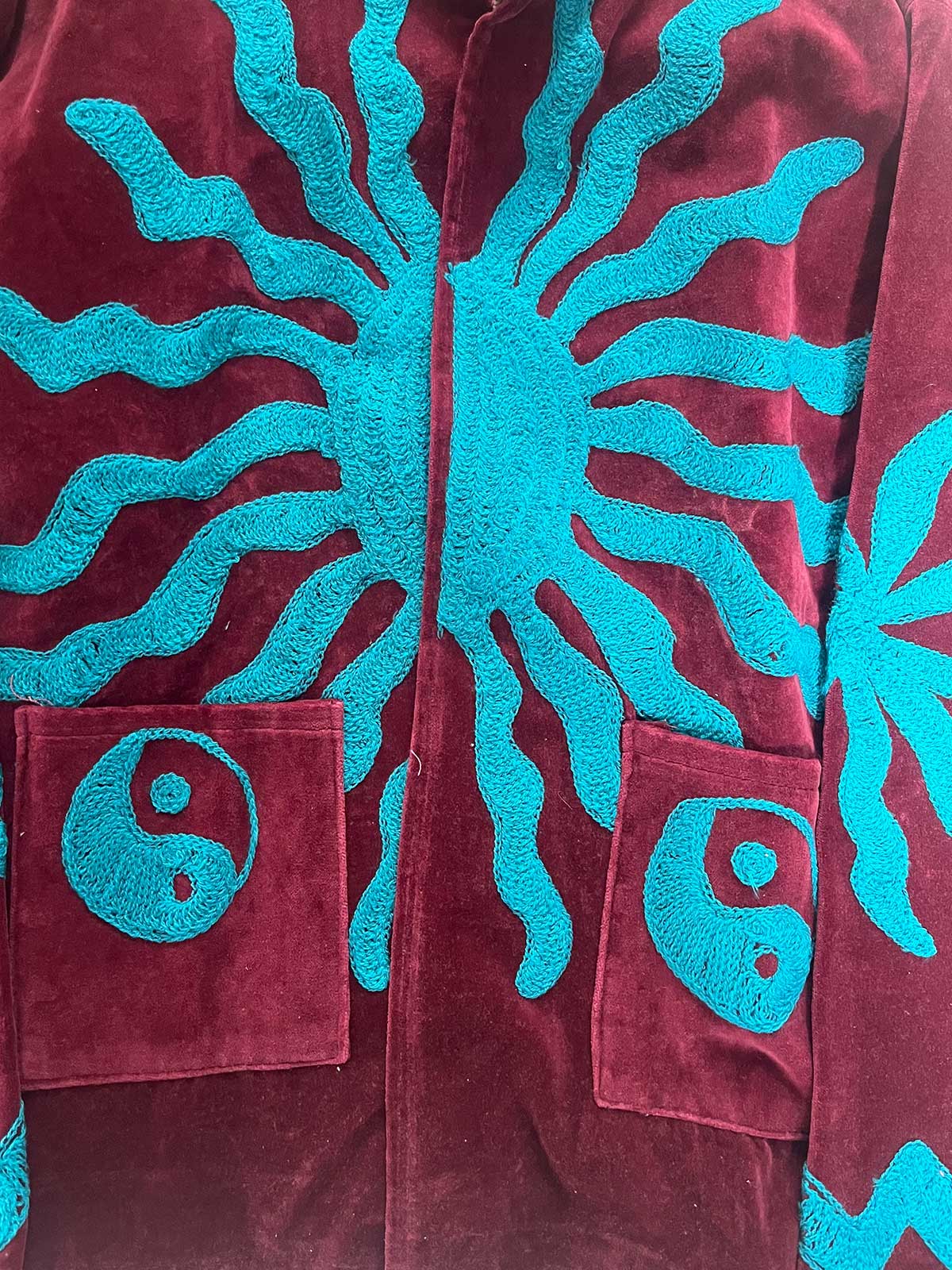 Burgundy Velvet Suzani Embroidered Womens Jacket - Blue Sun Motif Pattern
