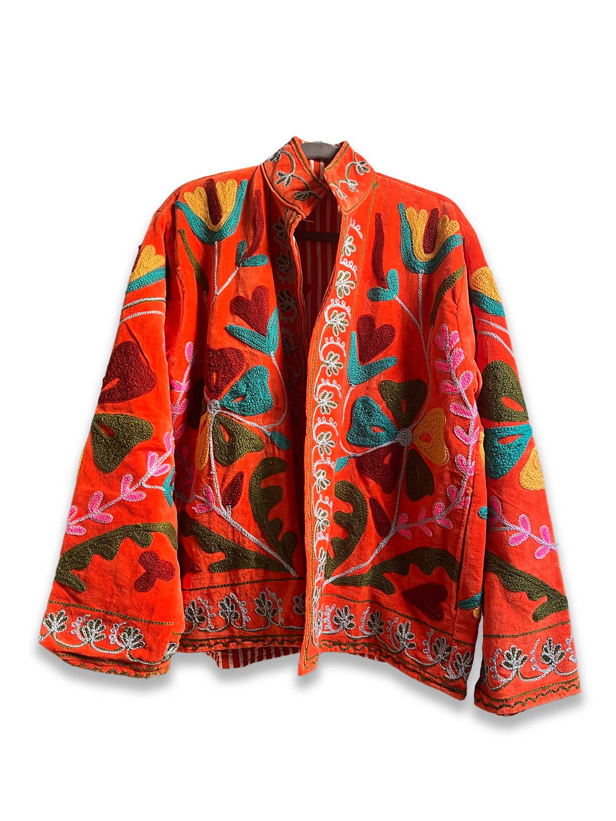 Orange Velvet Suzani Embroidered Womens Jacket - Green, Yellow & Turquoise Pattern